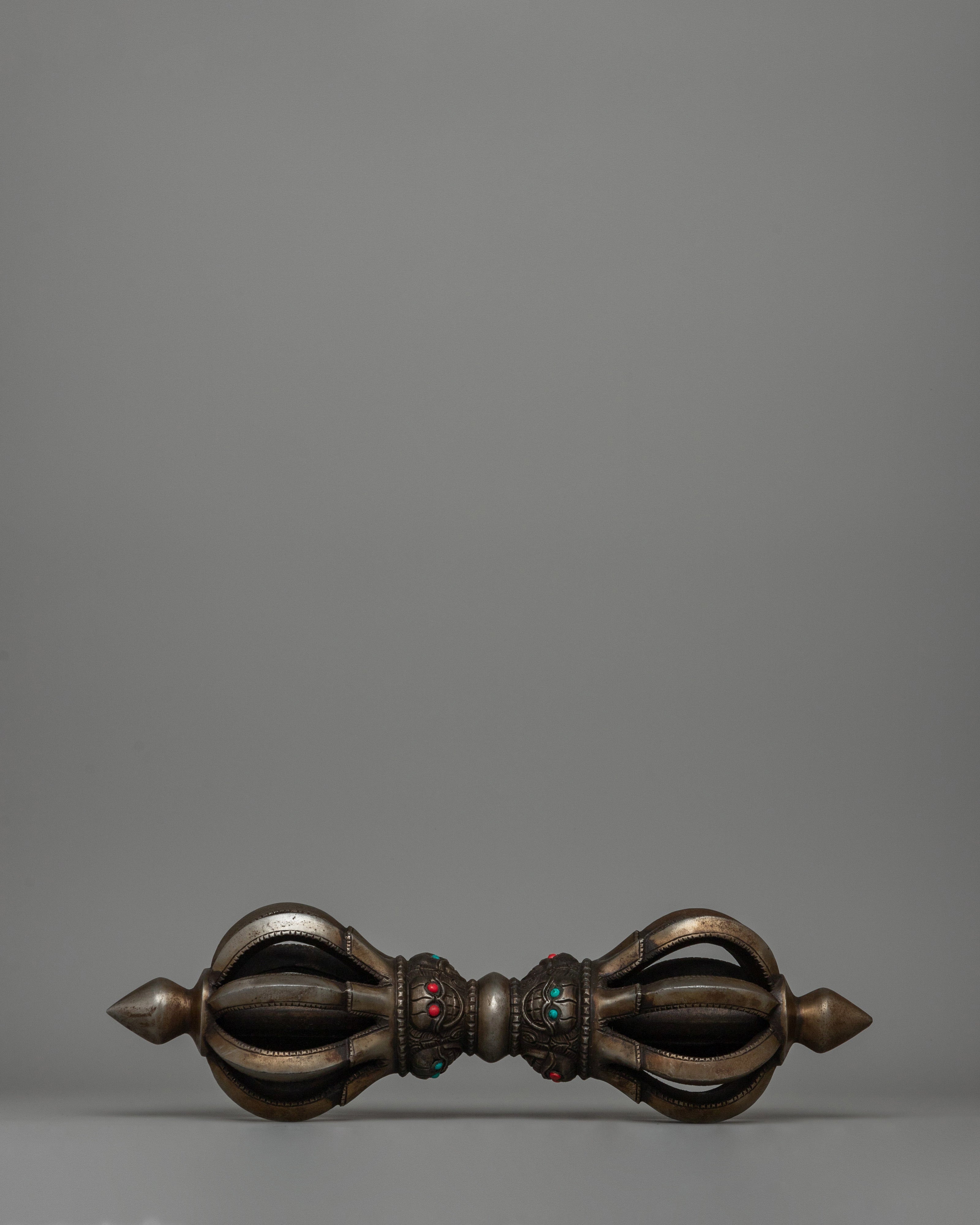 Iron Vajra with a Wooden Base and Turquoise Coral Inlays | Acrylic Painted Base