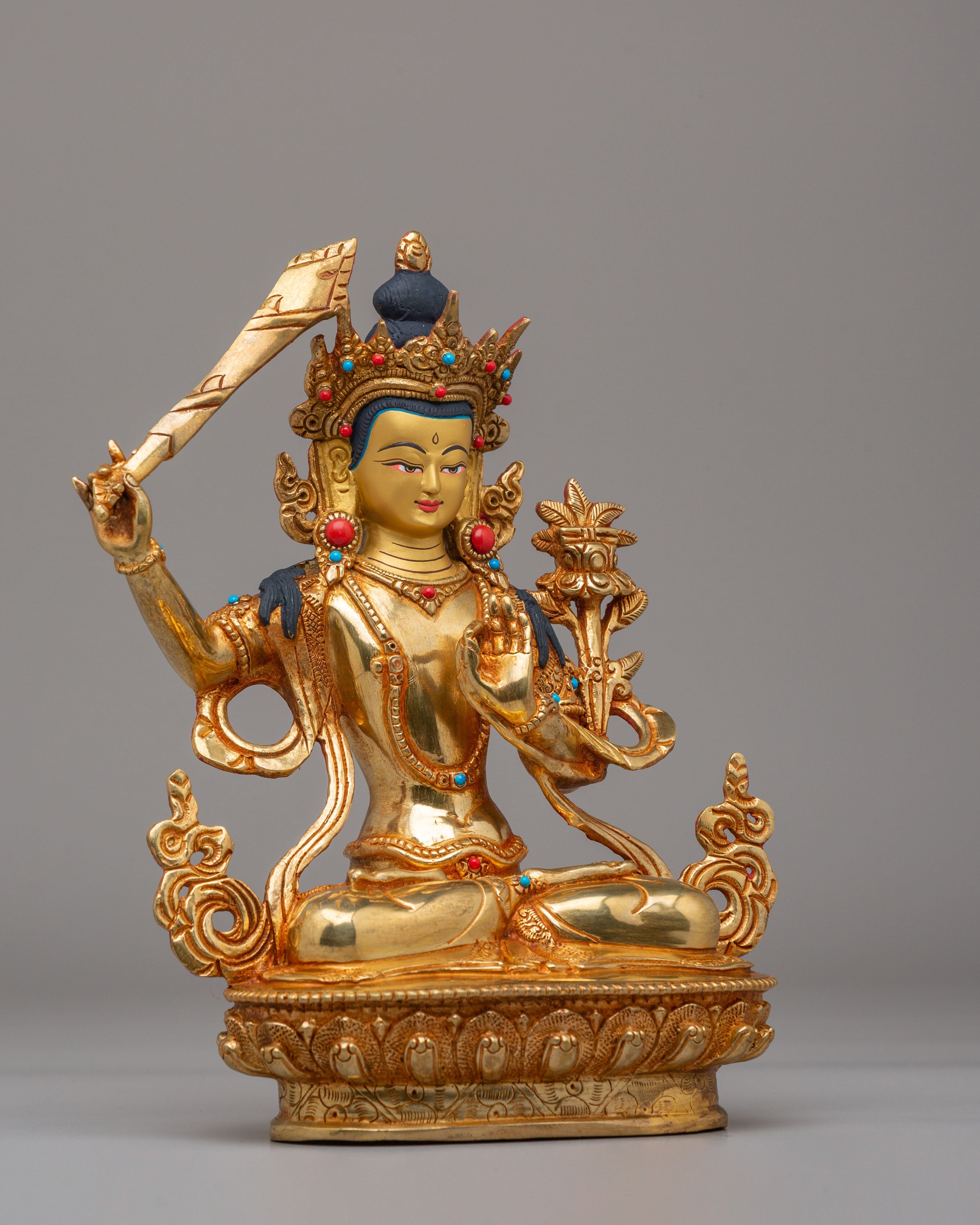 Handmade Wisdom Manjushri Statue | 24K Gold Plated Tibetan Buddhist Sculpture