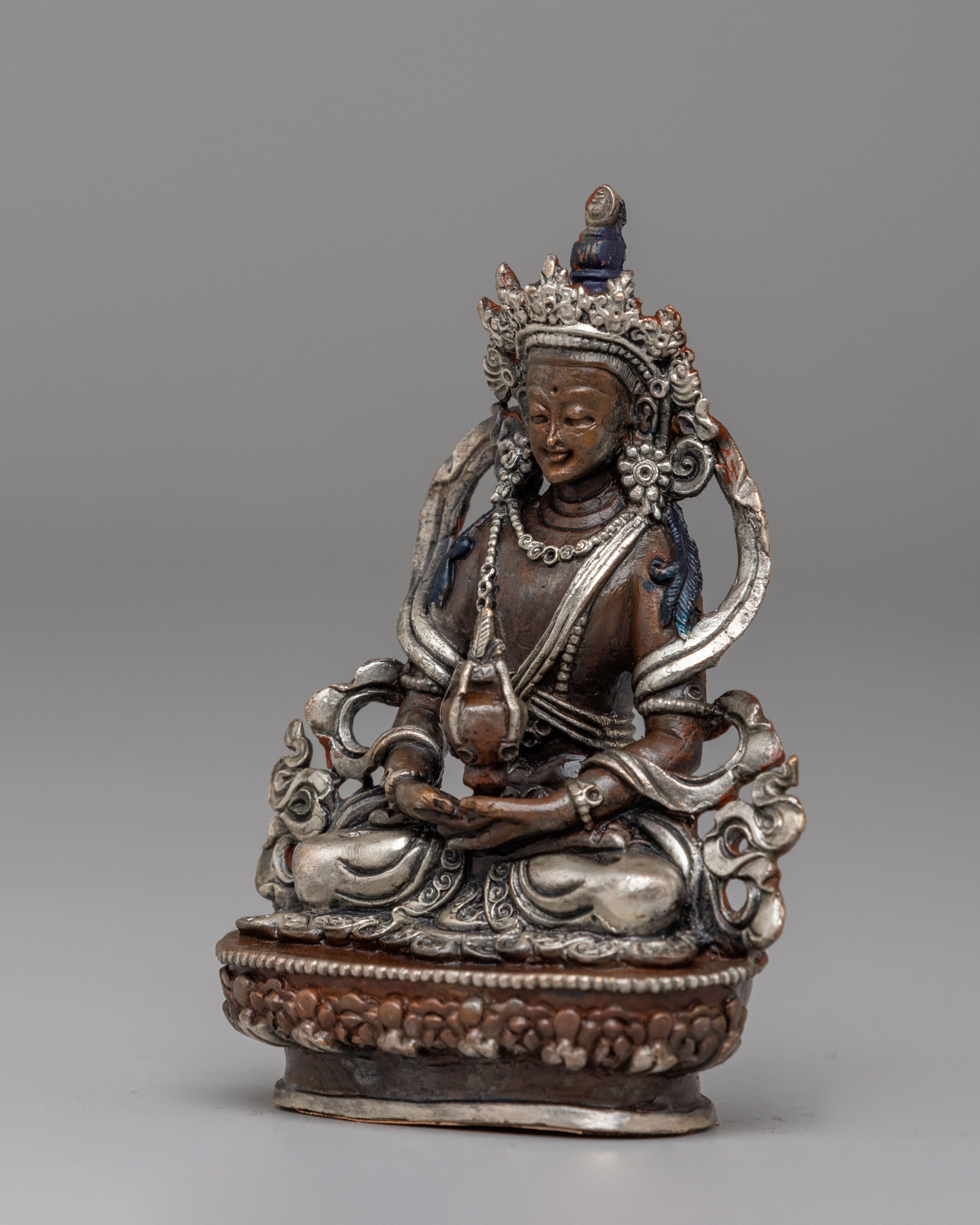 Traditional Amitayus Buddha Longevity Statue | Oxidized Copper Body with Silver Plating