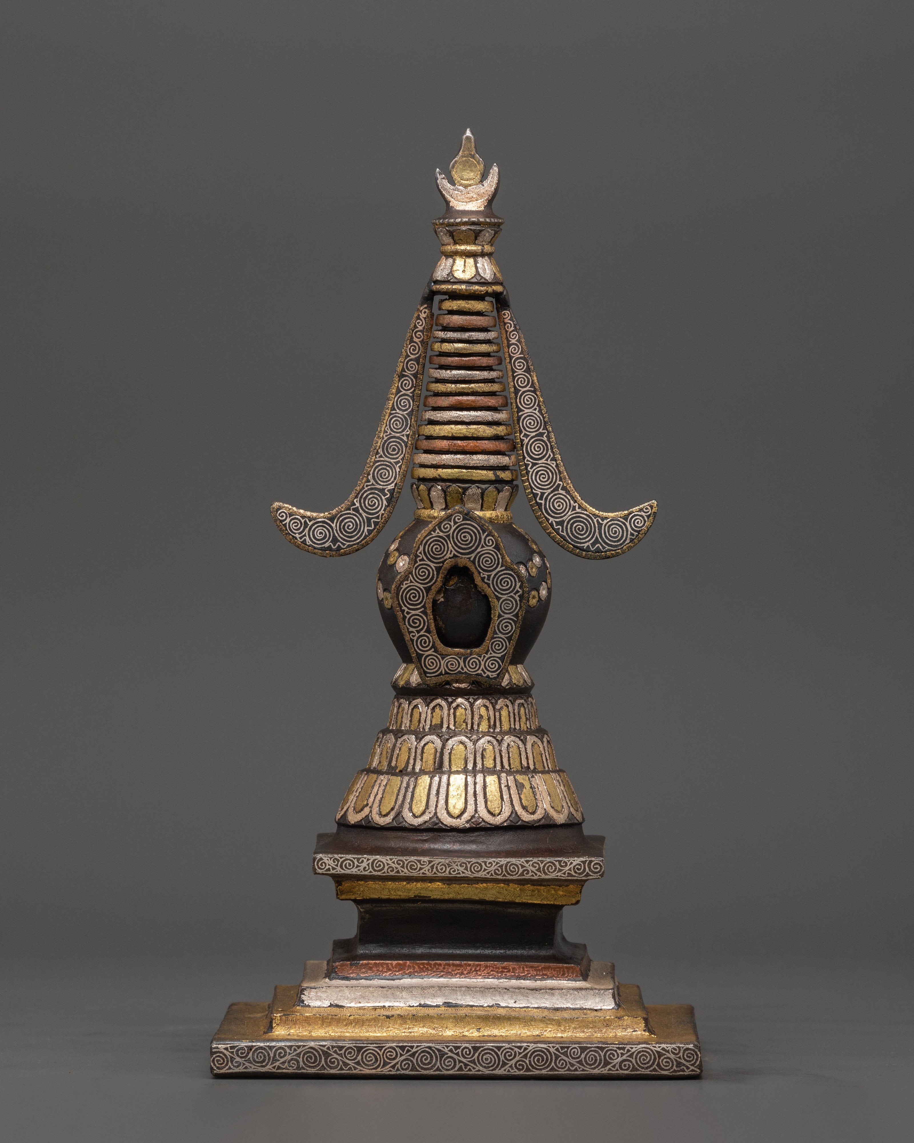 Handcrafted Iron Stupa with Silver Plating & Brass Inlay