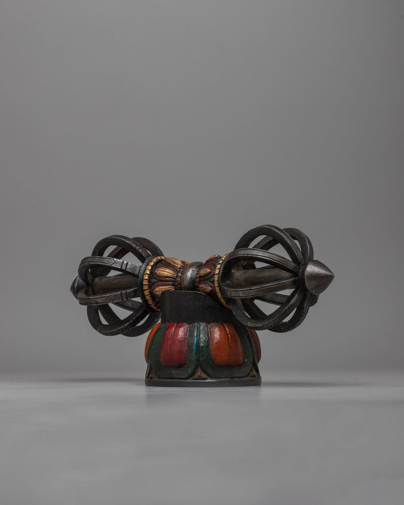 Tibetan Vajra on Wooden Stand | Fusion of Spiritual Symbolism and Natural Elegance