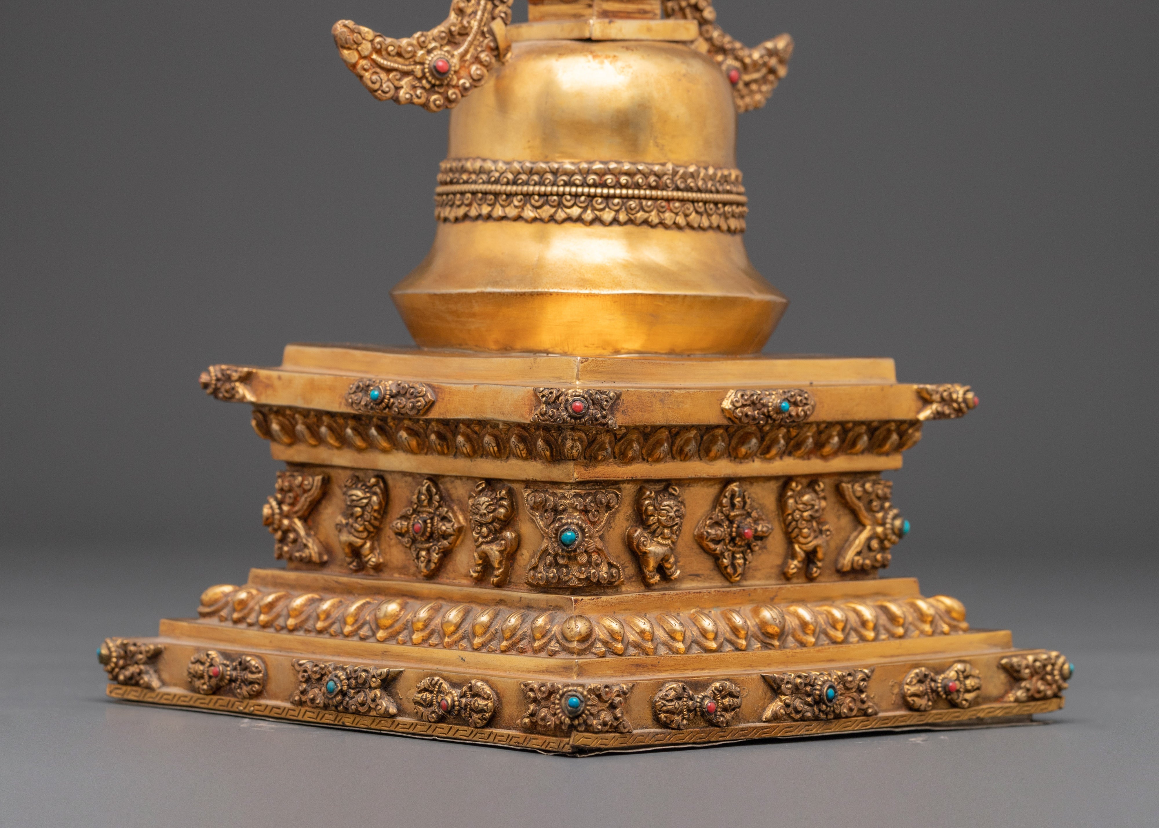 Sacred Buddhist Stupa Monument | Gold Plated Copper with Turquoise Inlay