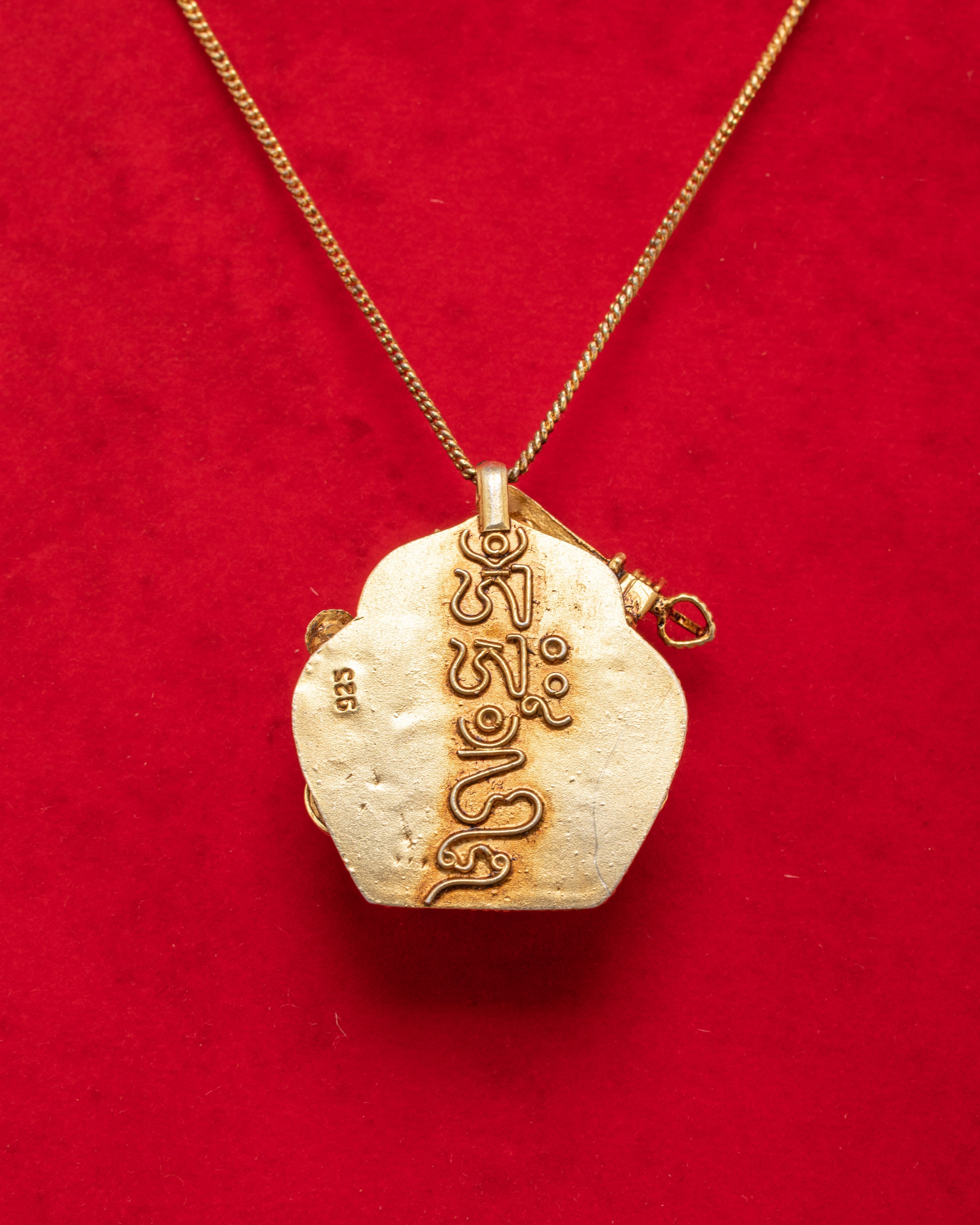 Handmade Tibetan Manjushri Amulet Locket | Gold Plated Silver with Turquoise and Coral