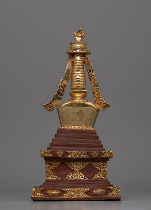 Discover a handcrafted Buddhist Stupa with gold-plated copper and bronze | Tibetan Shrine Artifact for Spiritual Rituals