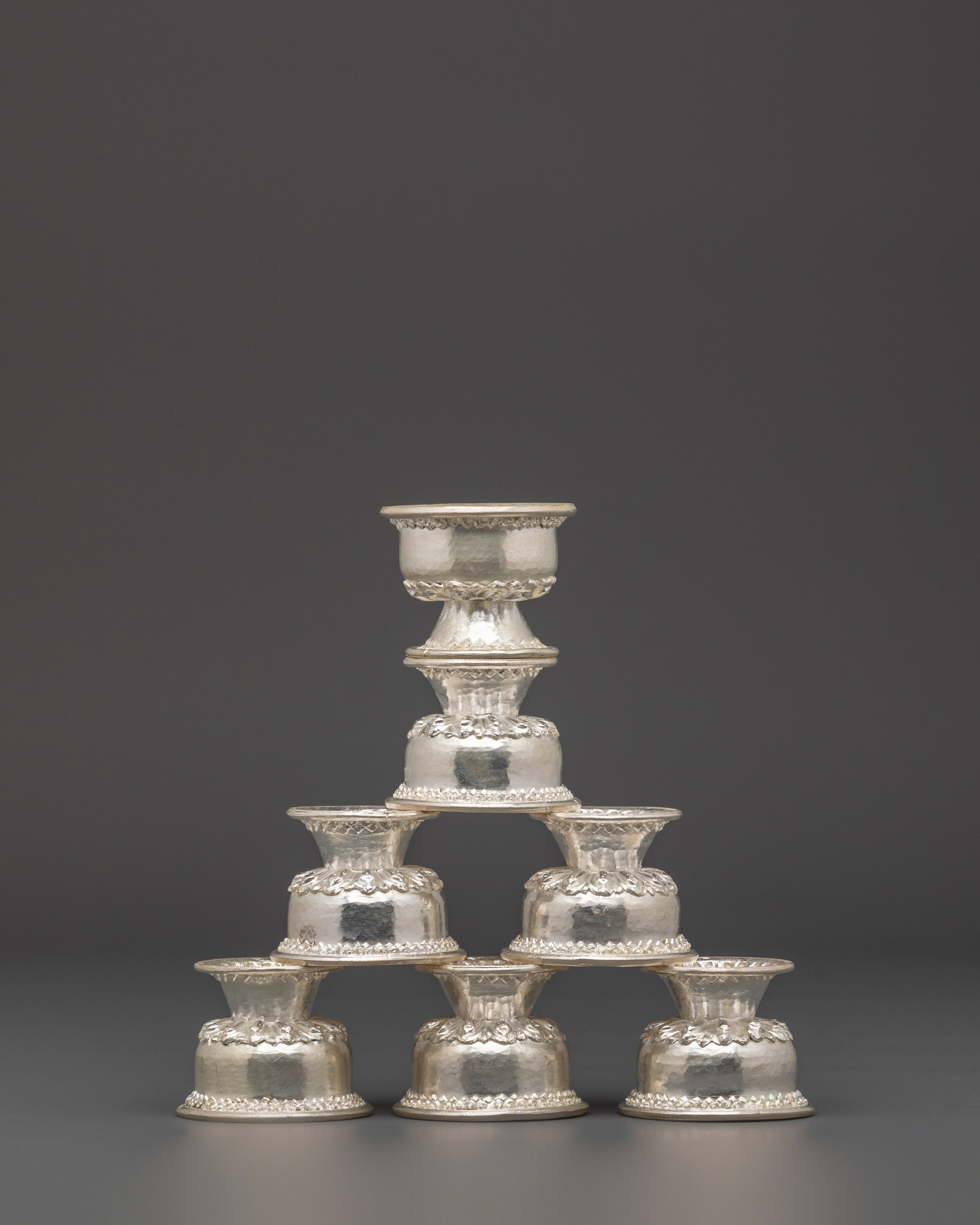 Handcrafted Silver Plated Offering Bowl Set | Traditional Buddhist Ritual Bowls