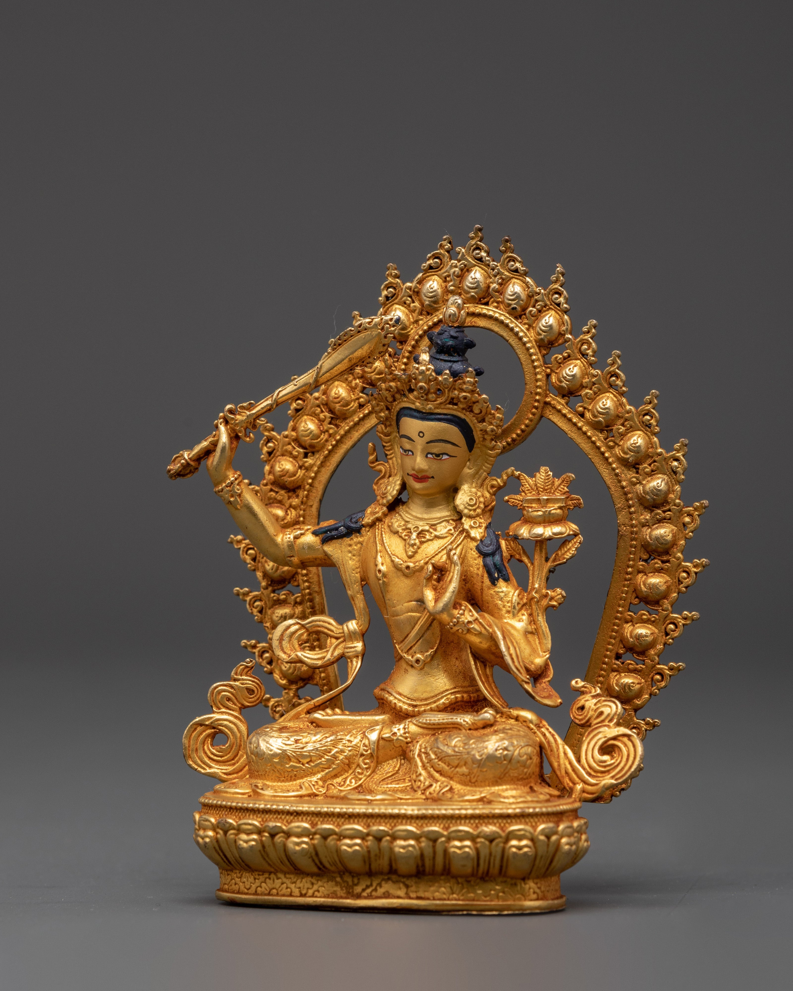 Manjushri Mahayana Deity Statue | Wisdom Bodhisattva in Gold-Plated Copper