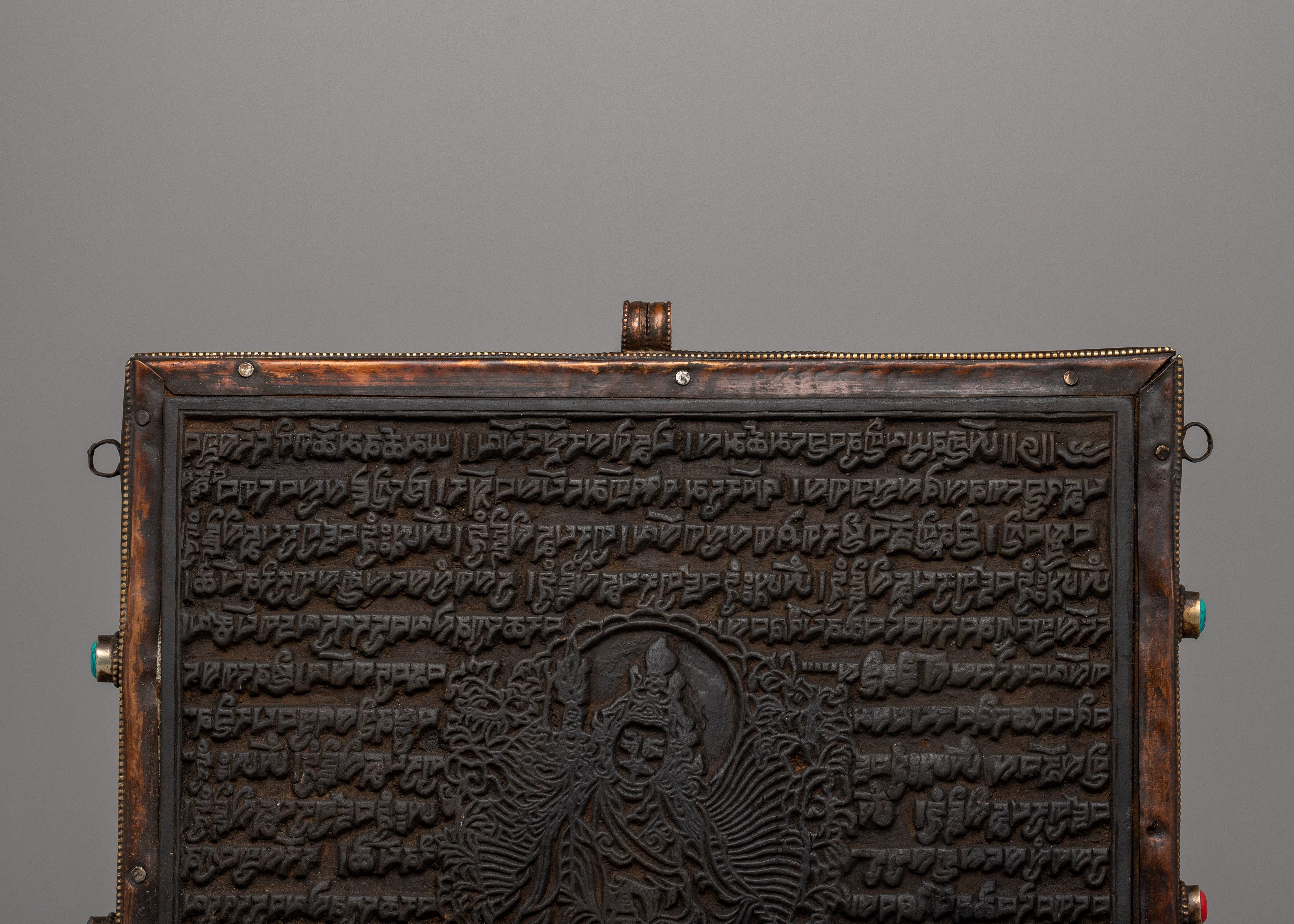 Hand-Carved Flag Stamp of Guru Rinpoche in Copper and Wood | Meditation and Rituals