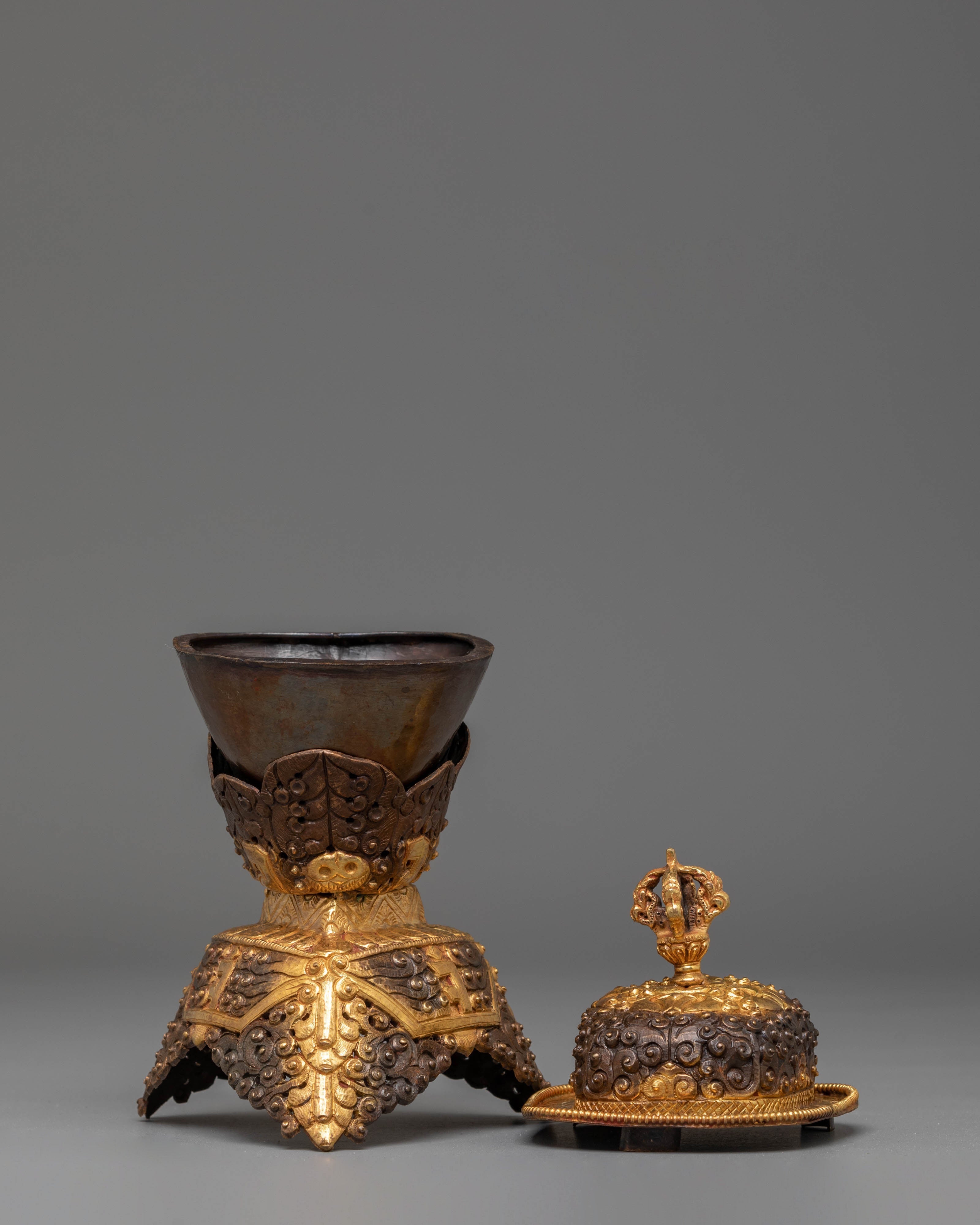 Handmade Kapala Sacred Ritual Set | Gold Plated Tibetan Offering Set