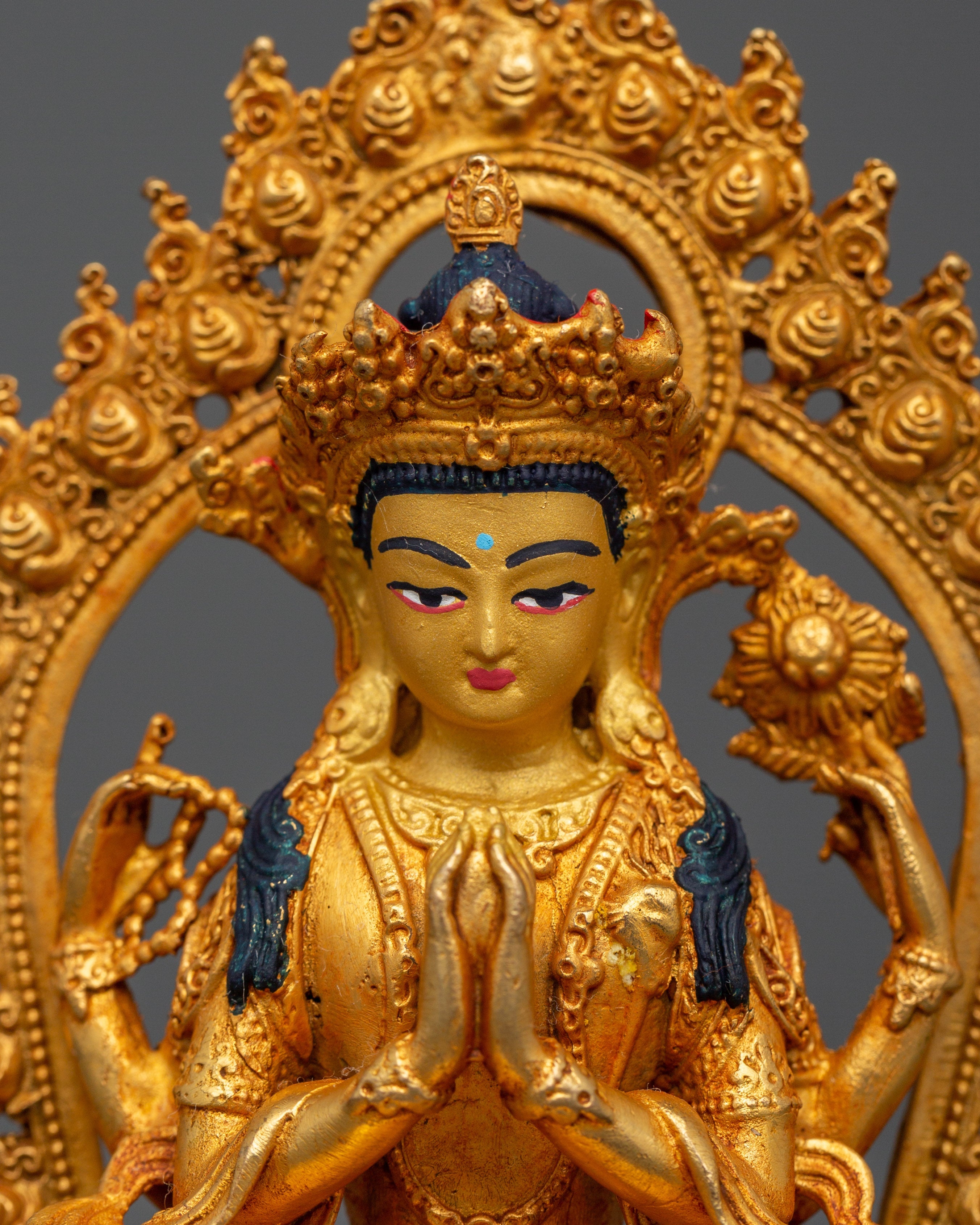 Gold Plated Chenrezig Statue in copper | Tibetan Bodhisattva of Compassion