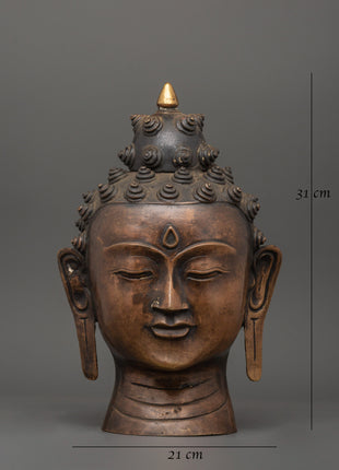 Sacred Buddha Head Sculpture | Handcrafted Oxidized Copper Buddha Head