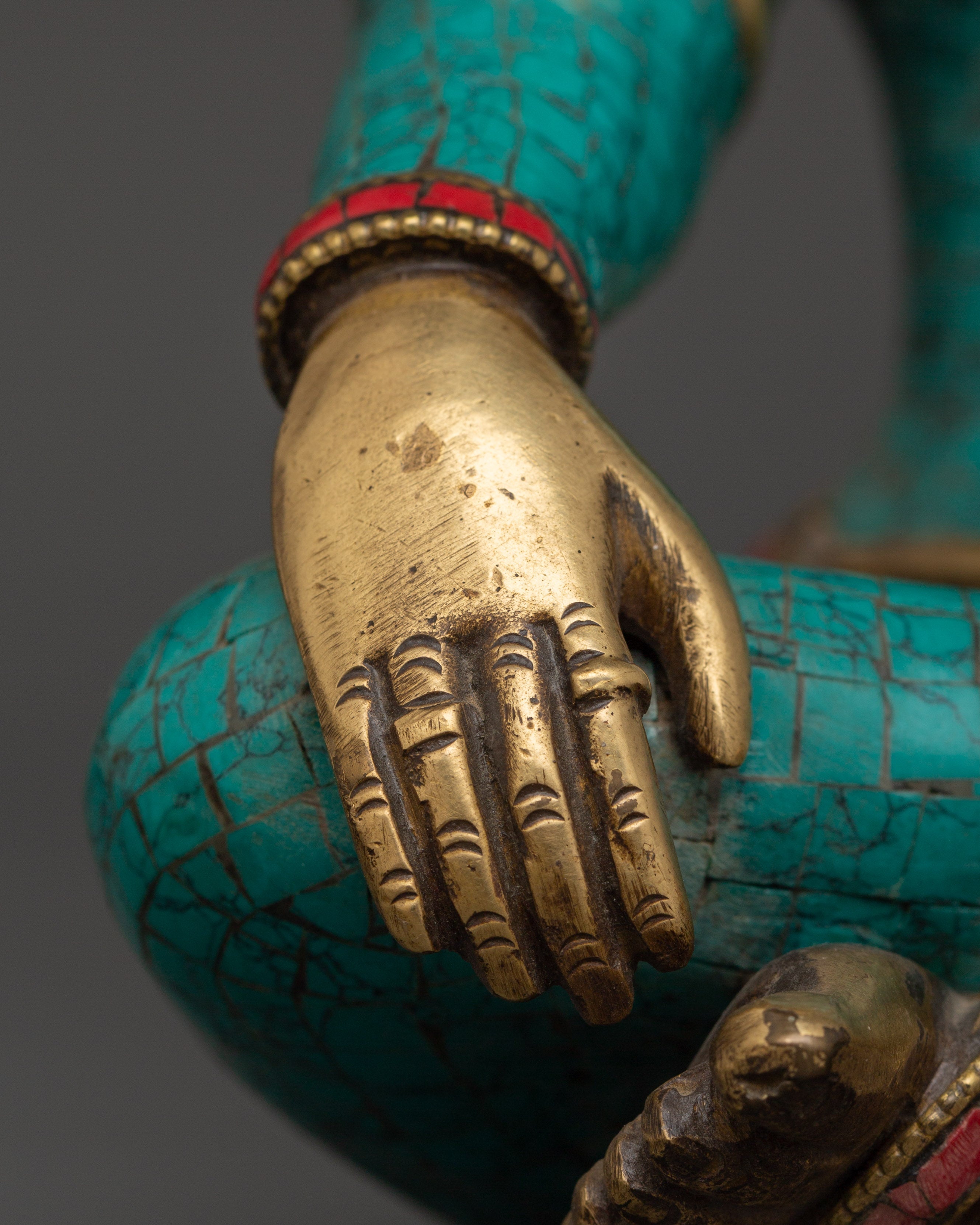 Lokeshwor Bodhisattva Statue | Brass Figurine with Turquoise & Coral Inlay