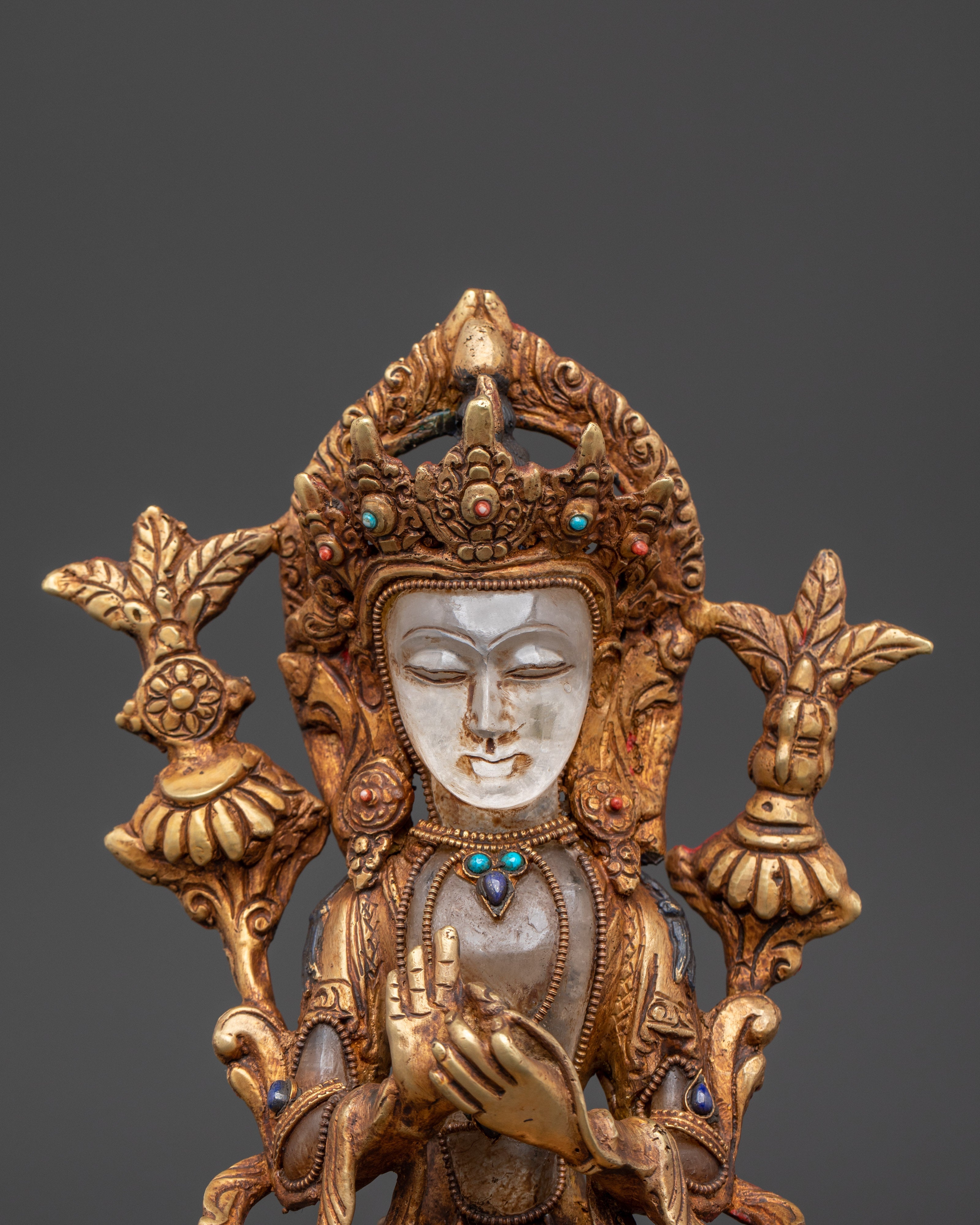 Future Buddha Maitreya Statue | Gold Plated Copper Sculpture with Crystal & Turquoise