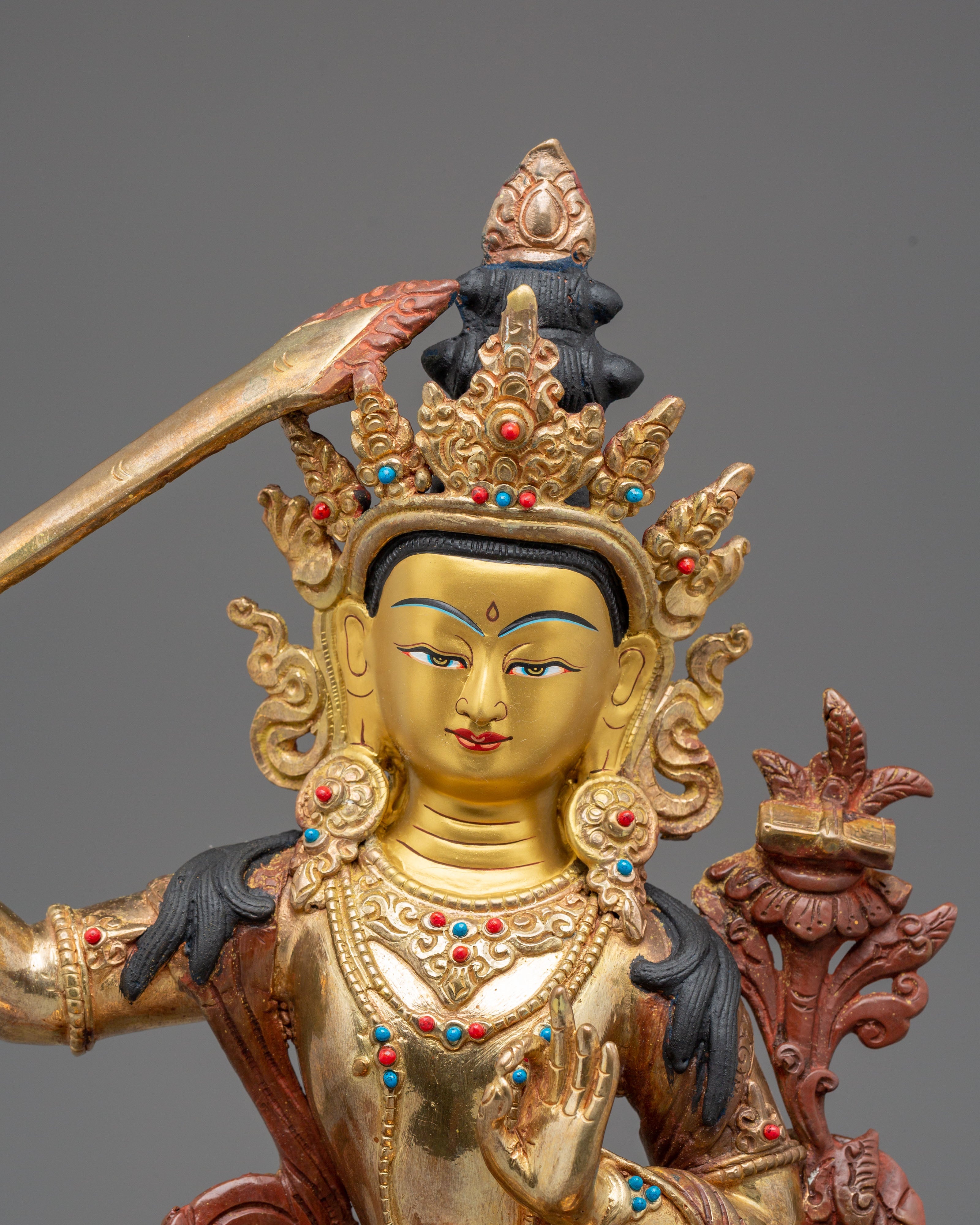 Statue of Supreme Deity of Wisdom Manjushri | Gold Plated Buddhist Bodhisattva Sculpture