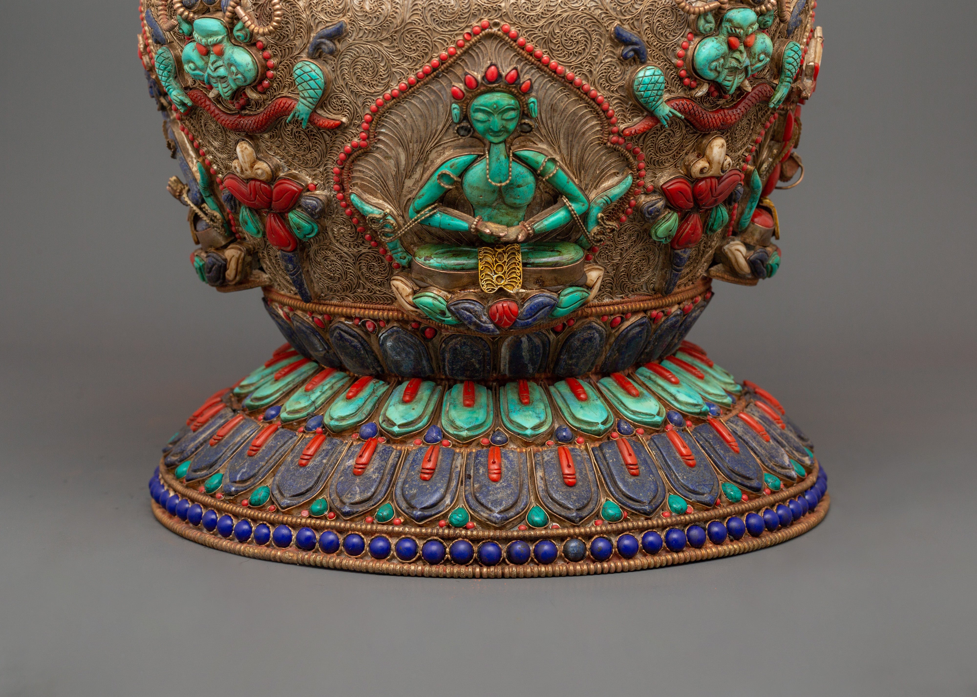 Tibetan Ritual Rice Pot with Coral | Buddhist Ritual and Altar Use