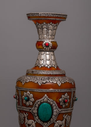 Tibetan Pair Silver Flower Vase | 49.5 cm Tall Pair for Sophisticated Decor