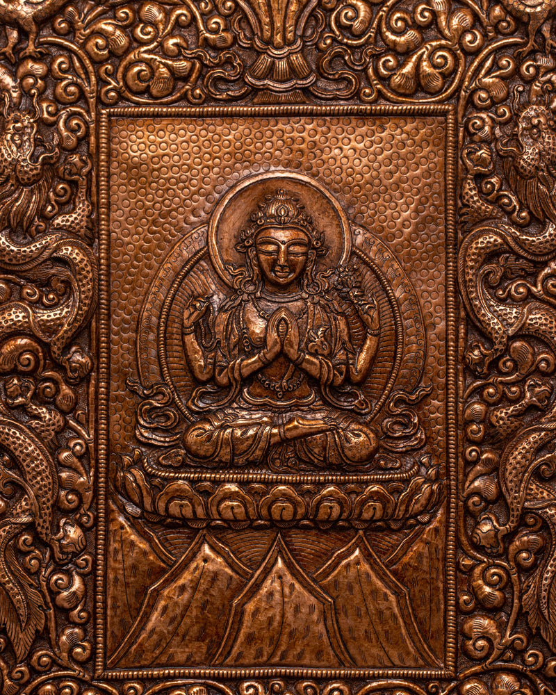 Copper Chenrezig Metal Wall Hanging | Buddhist Deity Sculpture for Cultivating Loving-Kindness