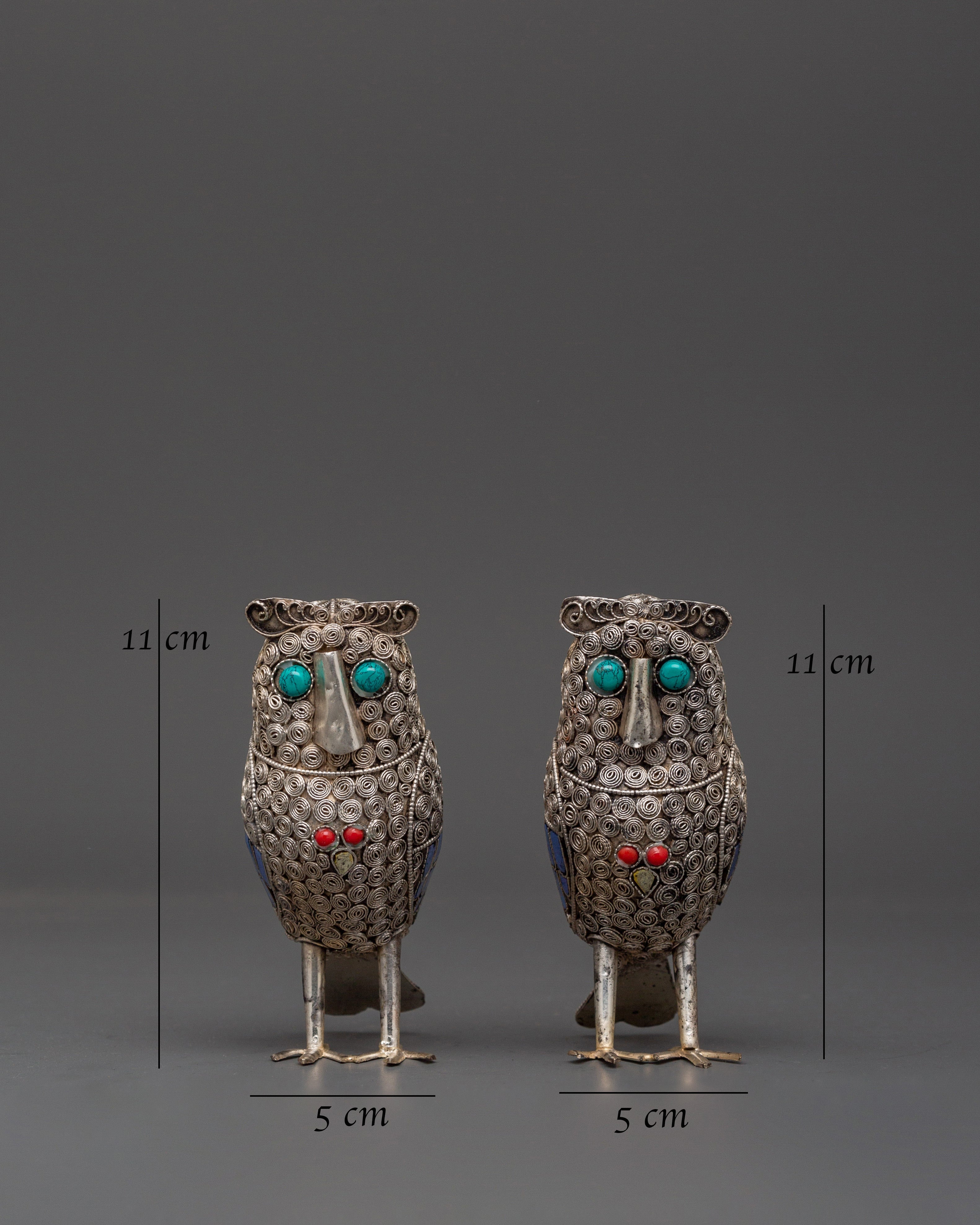 Handmade White Metal Owl Set | With Coral & Turquoise Stones