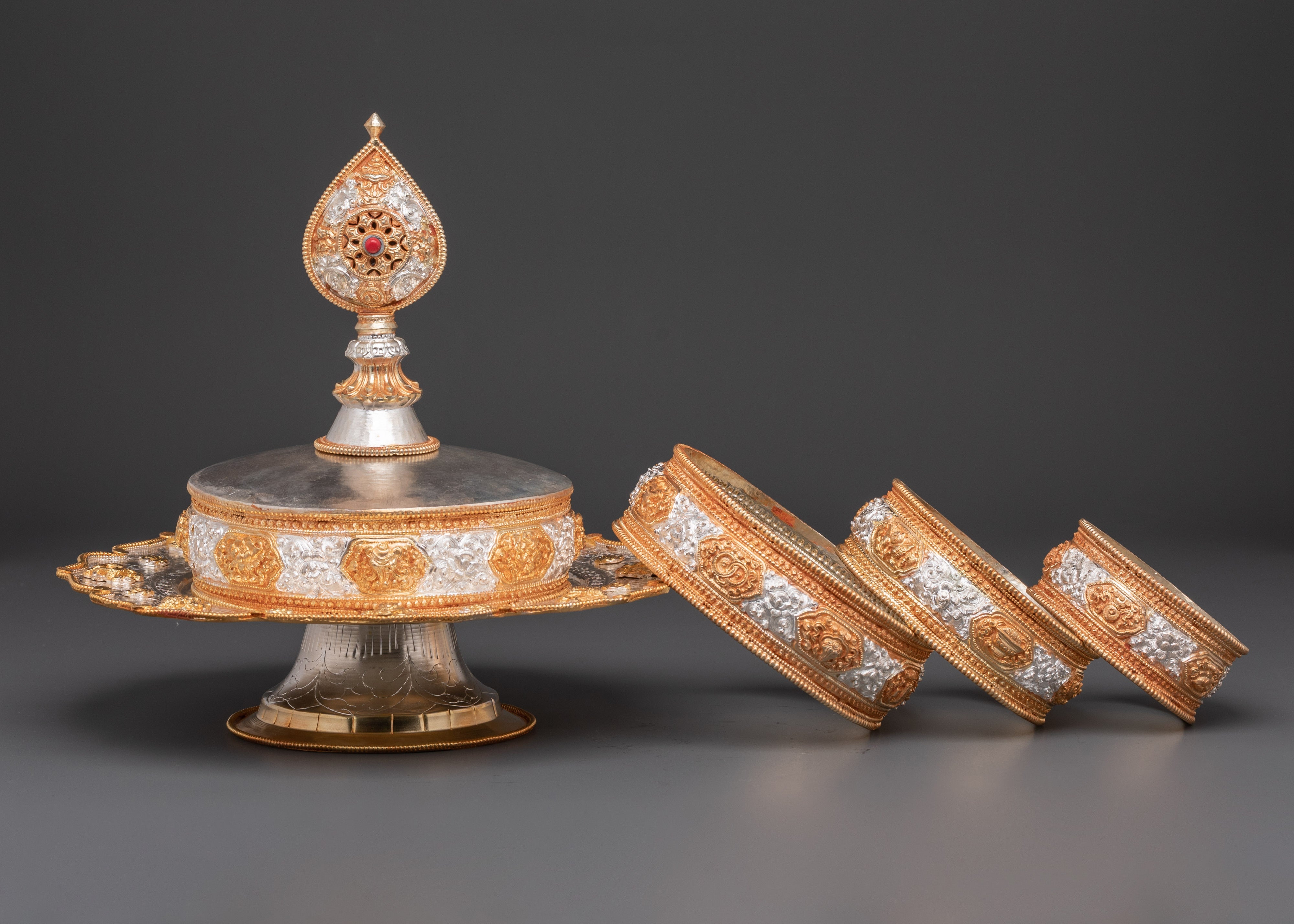 Handcrafted Tibetan Mandala Offering Set | Gold & Silver Ritual Sculpture