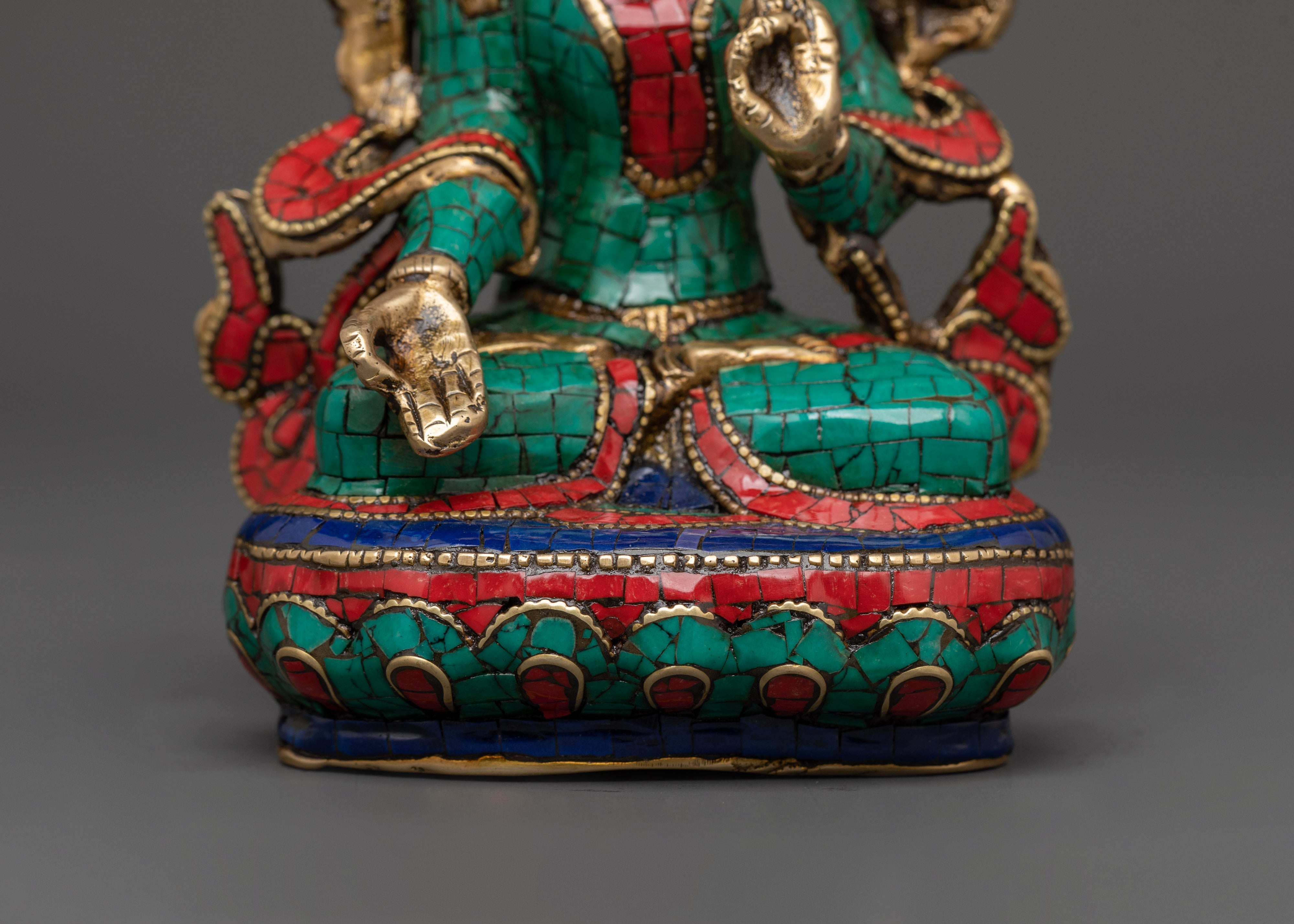White Tara Handcrafted Brass Statue | Tibetan Art with Turquoise