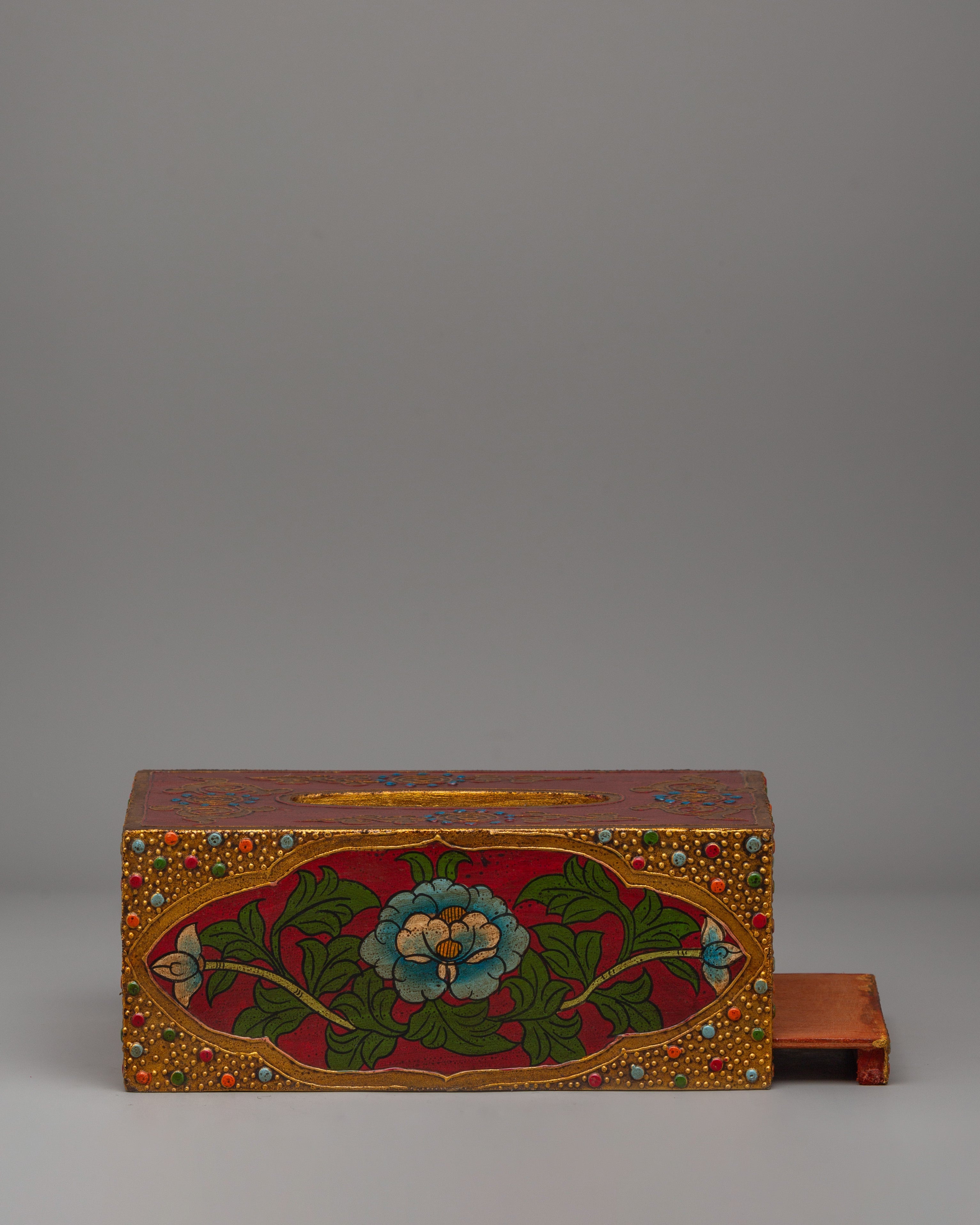 Handmade Tibetan Floral Tissue Holder | Painted Wooden Decor