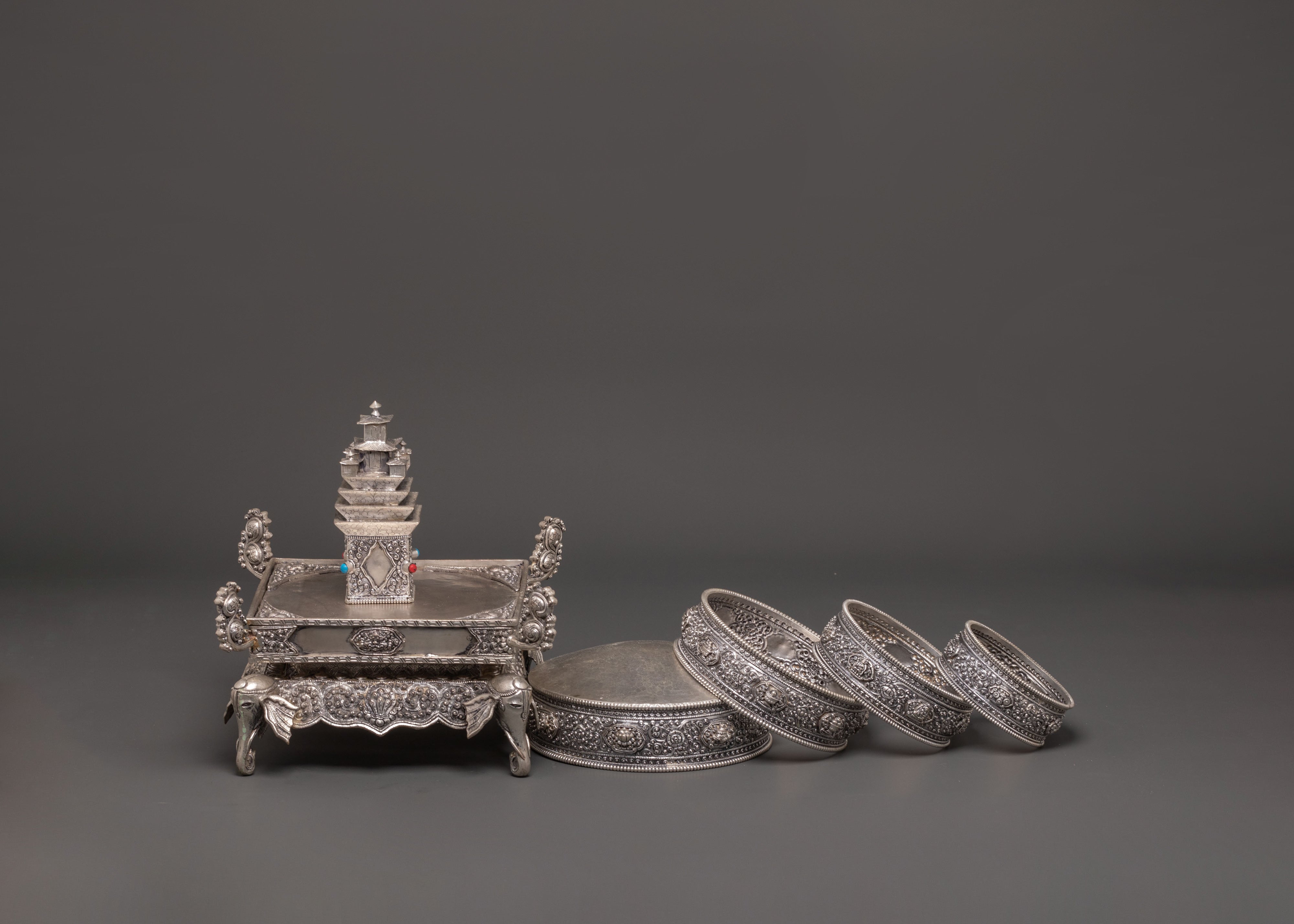 Copper Silver Plated Mandala Offering Set | Buddhist Ritual Set