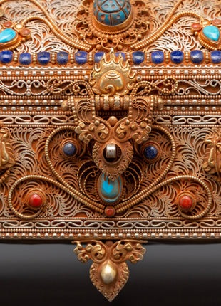 Tibetan Decorative Treasure Box | Buddhist Treasure Box with Turquoise & Coral Inlays