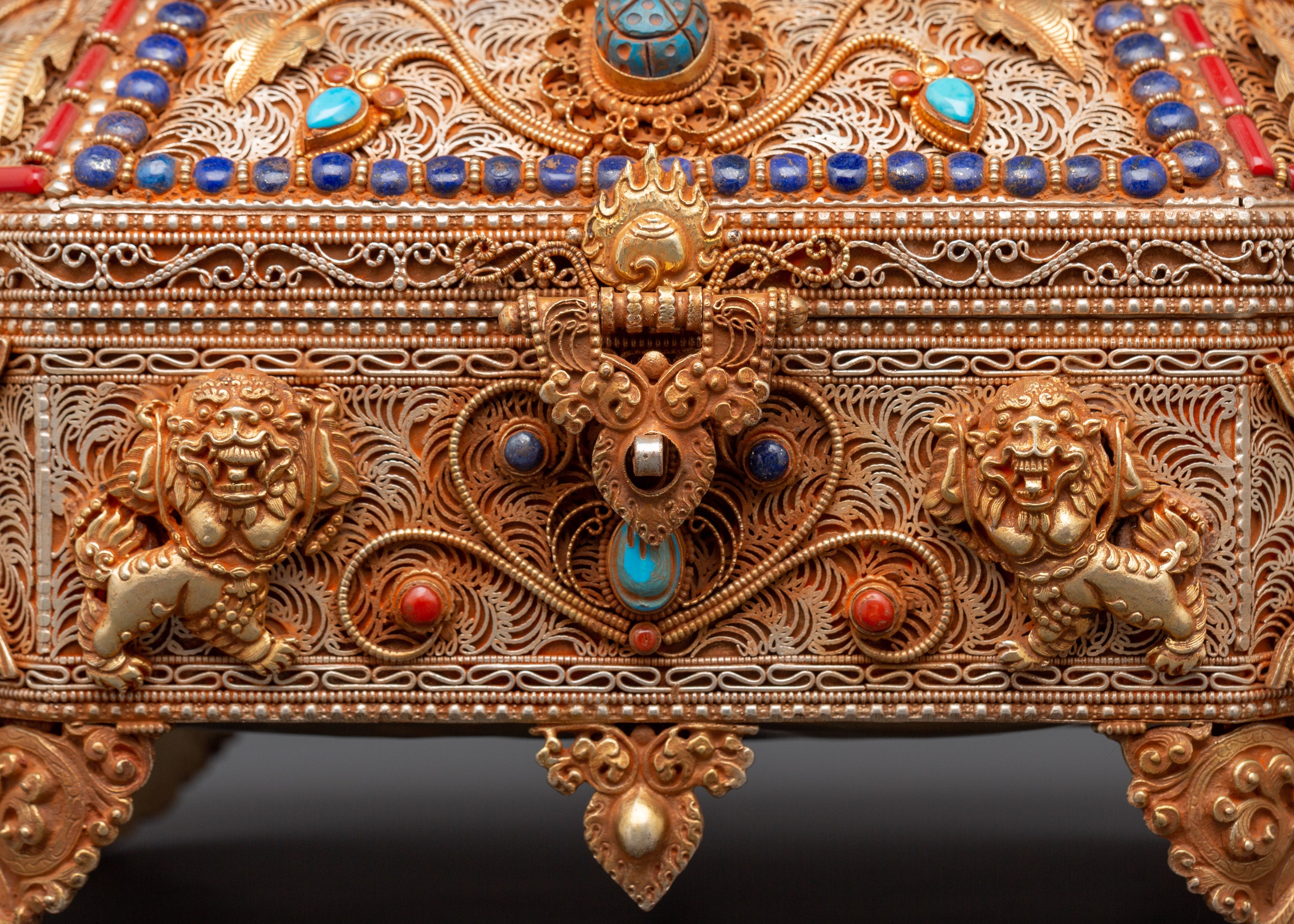 Tibetan Decorative Treasure Box | Buddhist Treasure Box with Turquoise & Coral Inlays