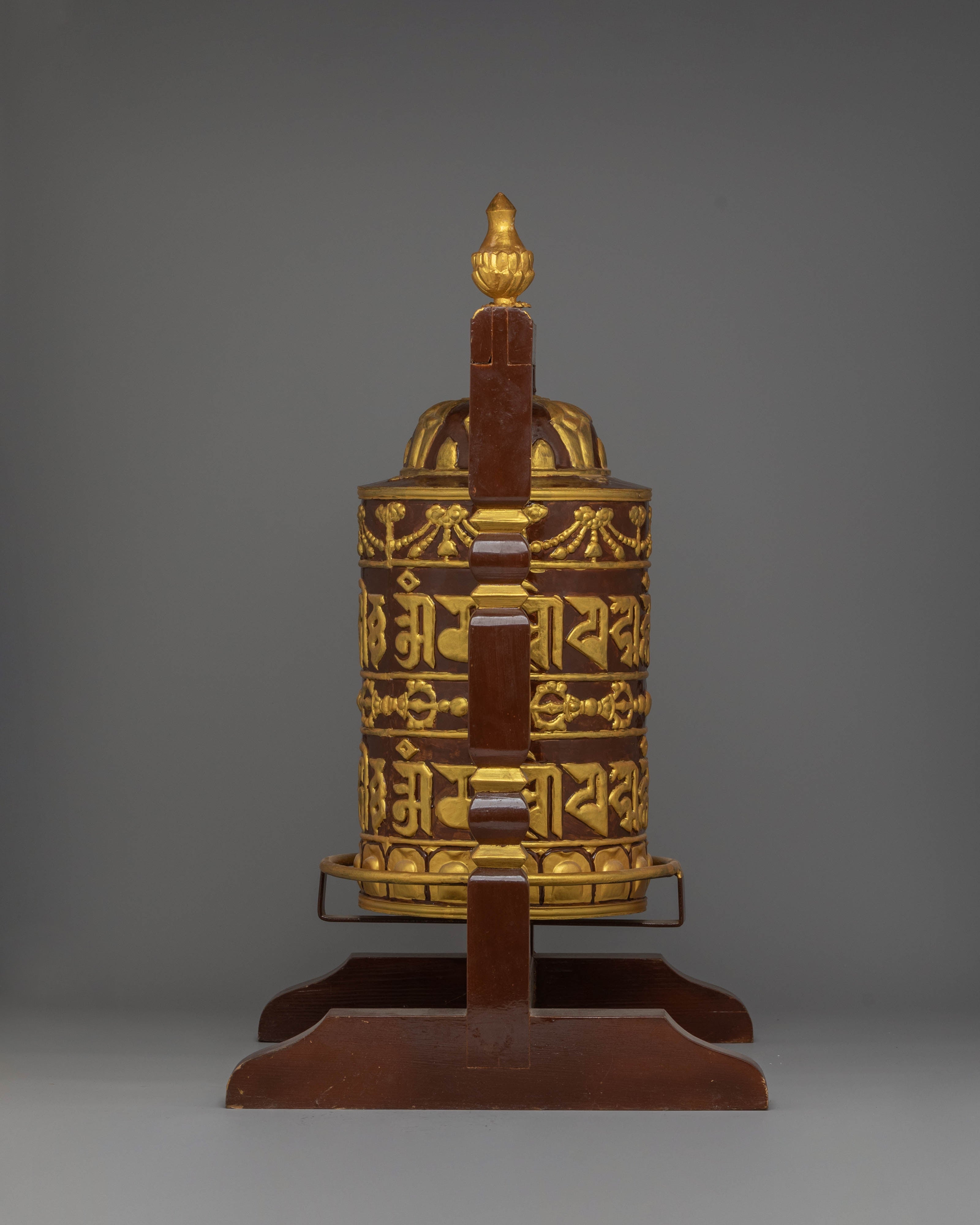 Prayer Wheel: Traditional Ritual Item | Copper Body with Acrylic Colors and Wood Base