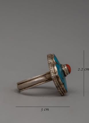 Stylish Silver Finger Ring with Turquoise and Coral Stones |  Handcrafted Artisan Jewelry