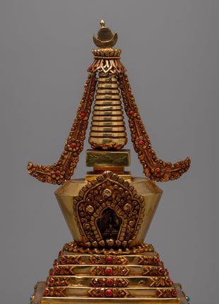 Beautiful Gold Plated Tibetan Stupa | Spiritual Ornament for Home and Altar