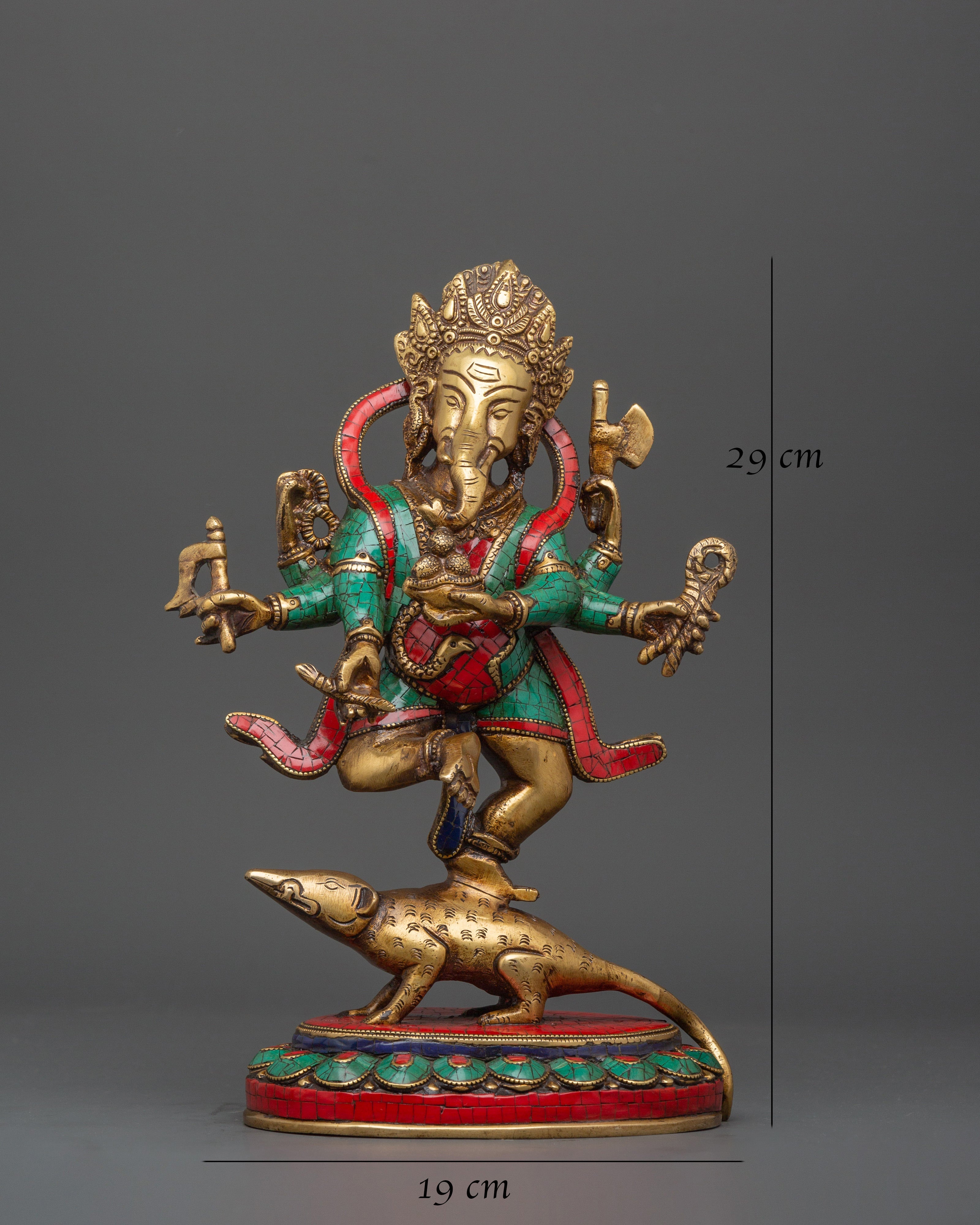 Lord Ganesh In Dance Posture Statue | Brass Ganesh Statue with Turquoise & Coral