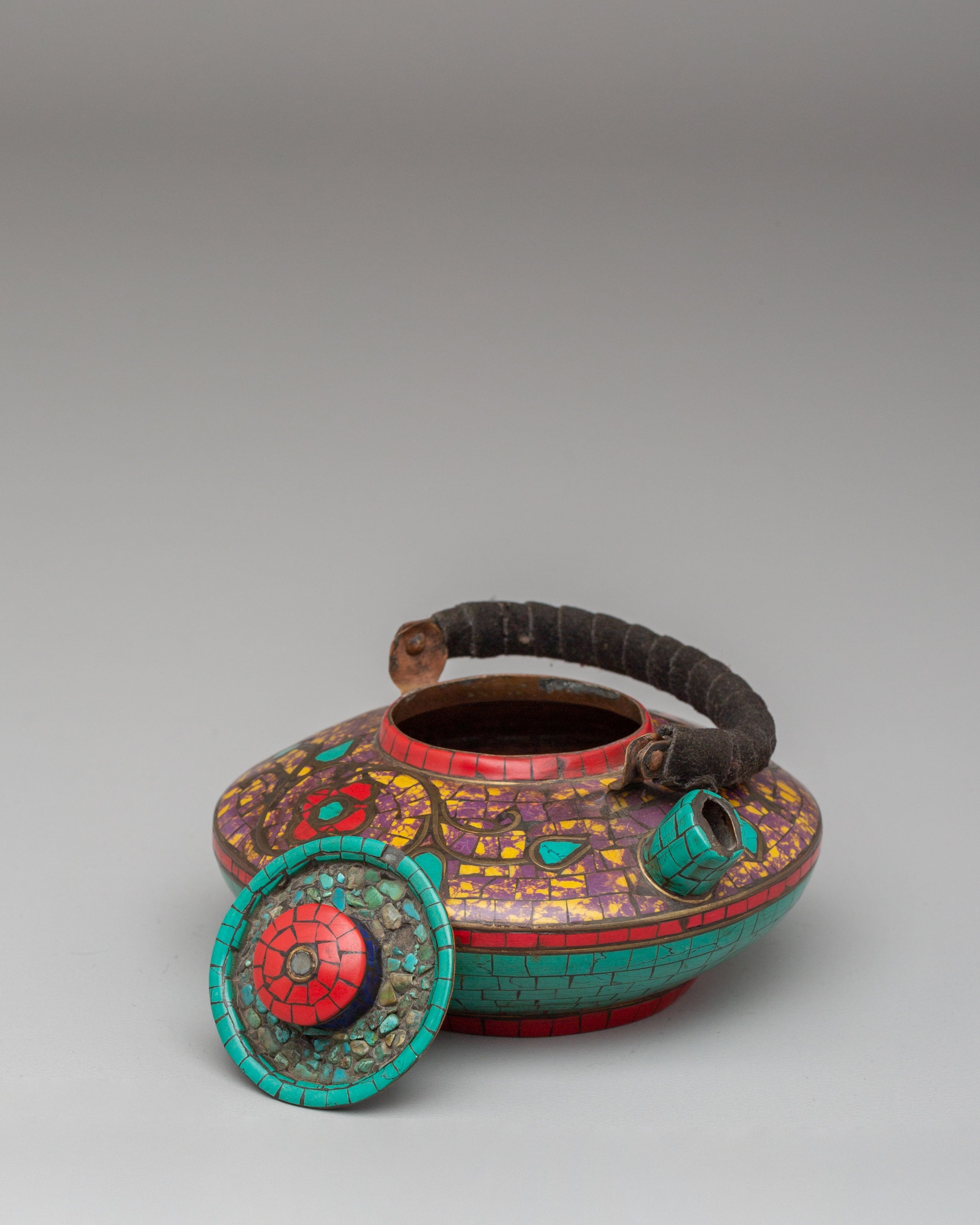 Handmade Buddhist Tea Pot | Copper with Coral, Lapis & Turquoise Stones