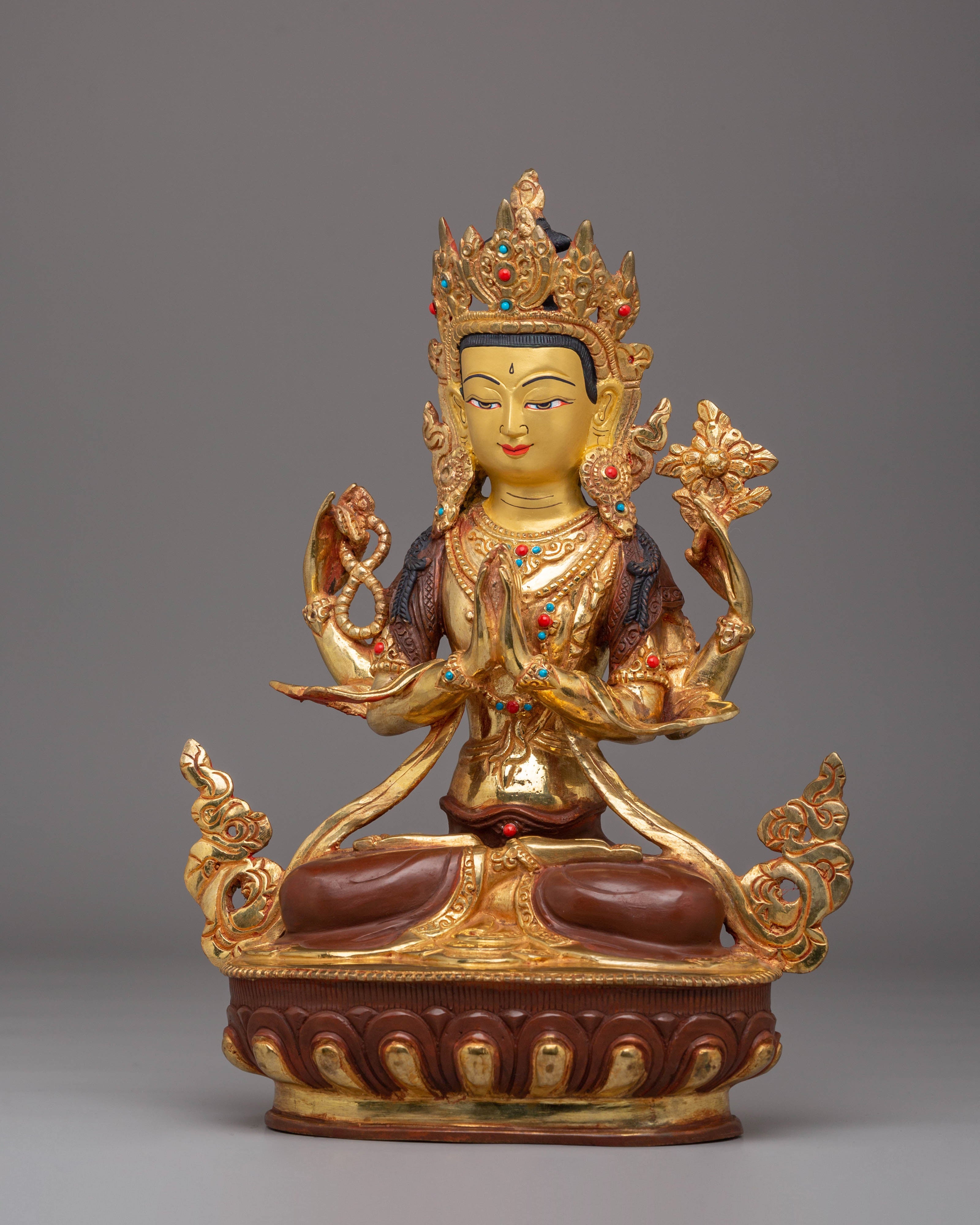 Sacred Bodhisattva Chenrezig Statue | Copper, Gold-Plated, Coral & Turquoise Inlays