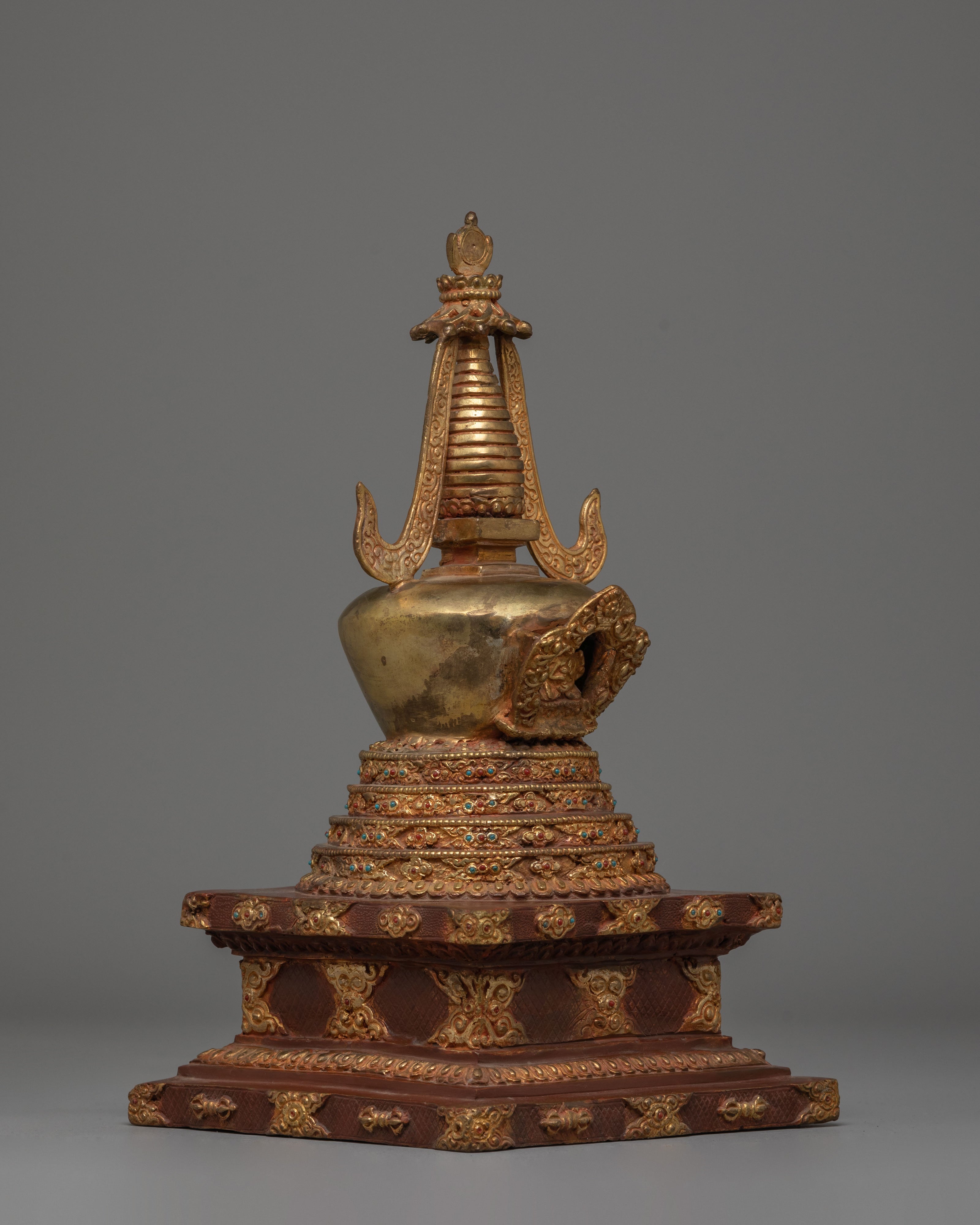 Handcrafted Buddhist Shrine Stupa | Gold Plated Tibetan Ritual Stupa Art