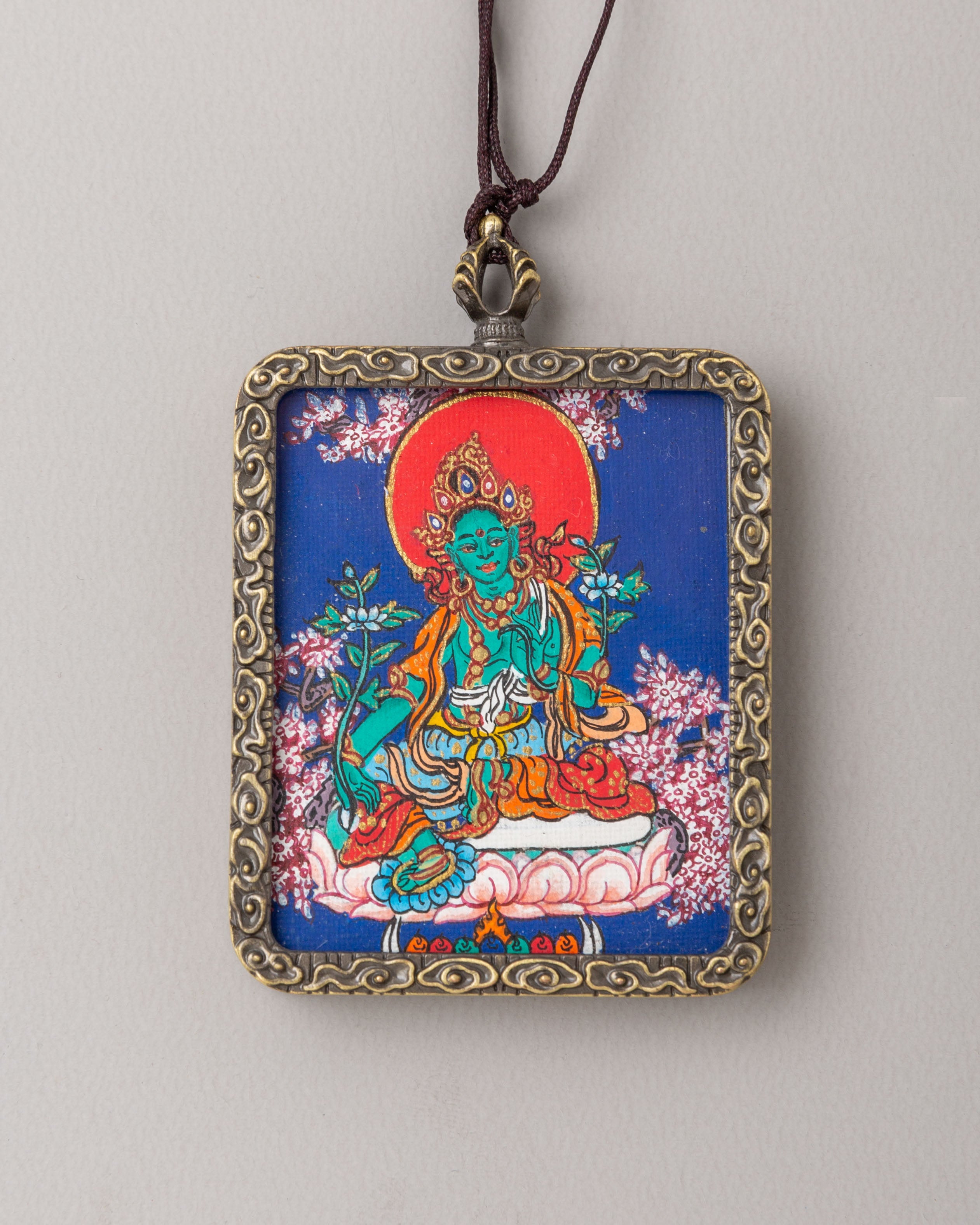 Handmade Buddhist Green Tara Locket | Sacred Thangka Pendant