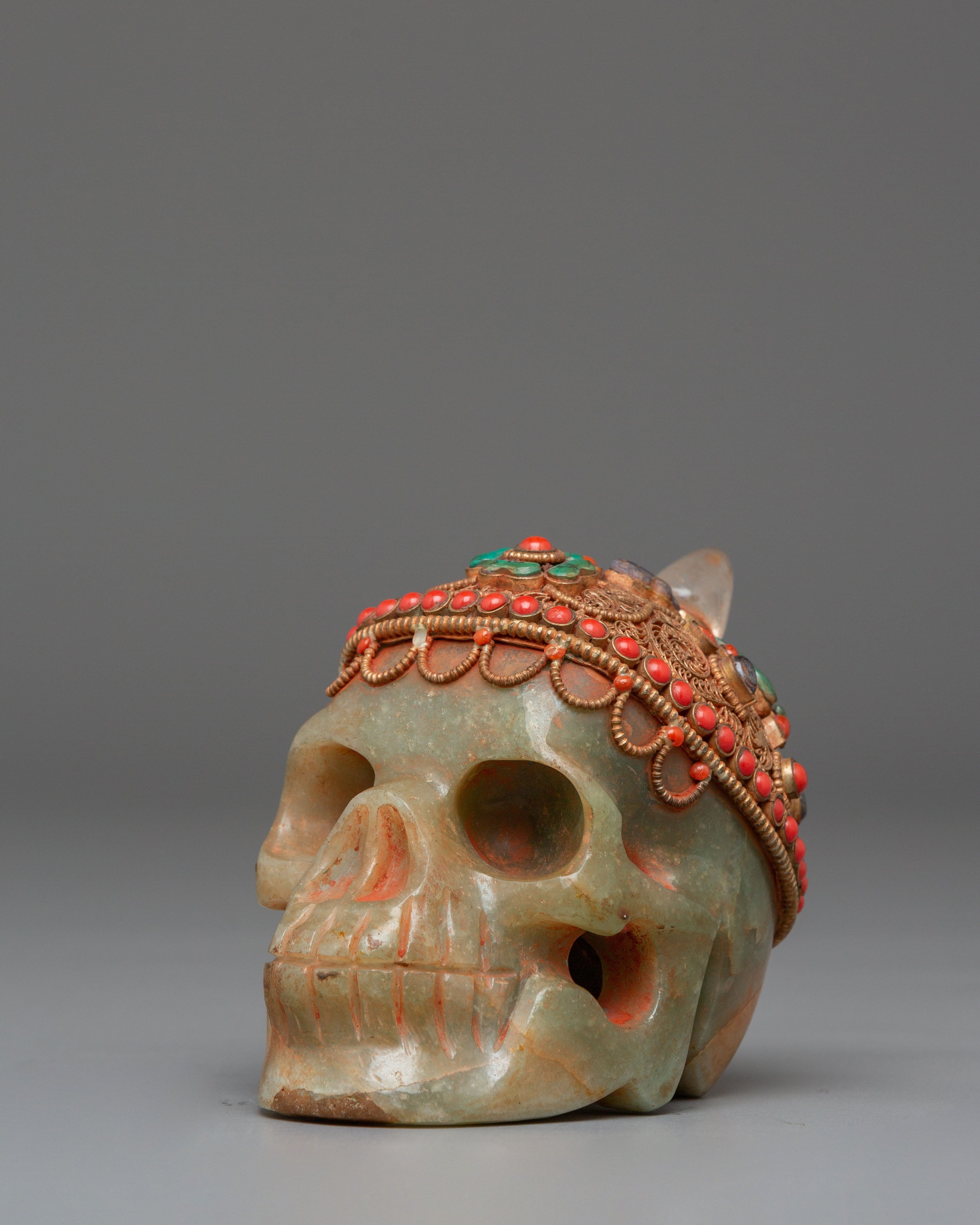 Handcrafted Skull Sculpture | Crystal and Copper Art with Turquoise & Coral
