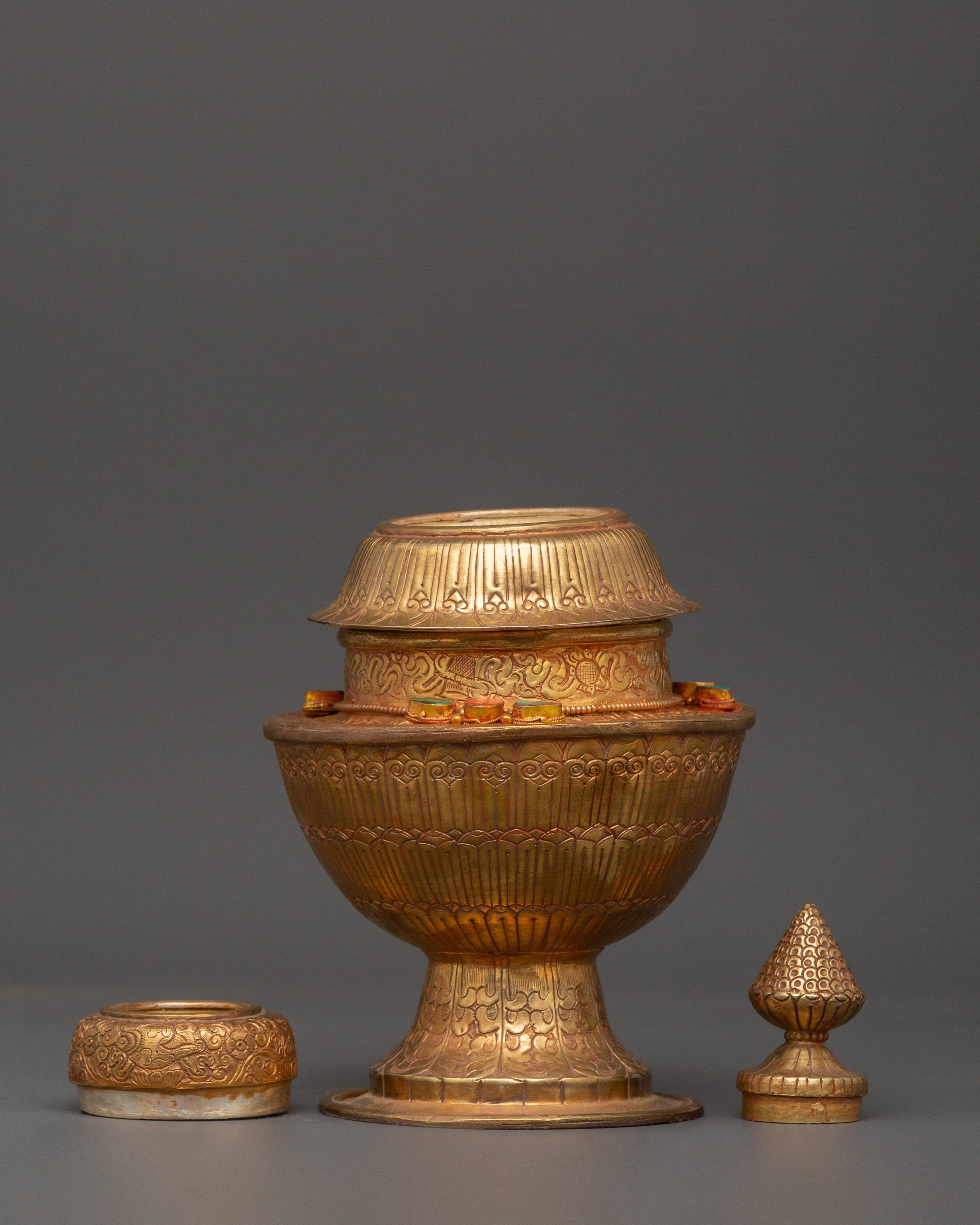 Copper Rice Pot for Ritual Offering | Gold Plated Sacred Buddhist Vessel