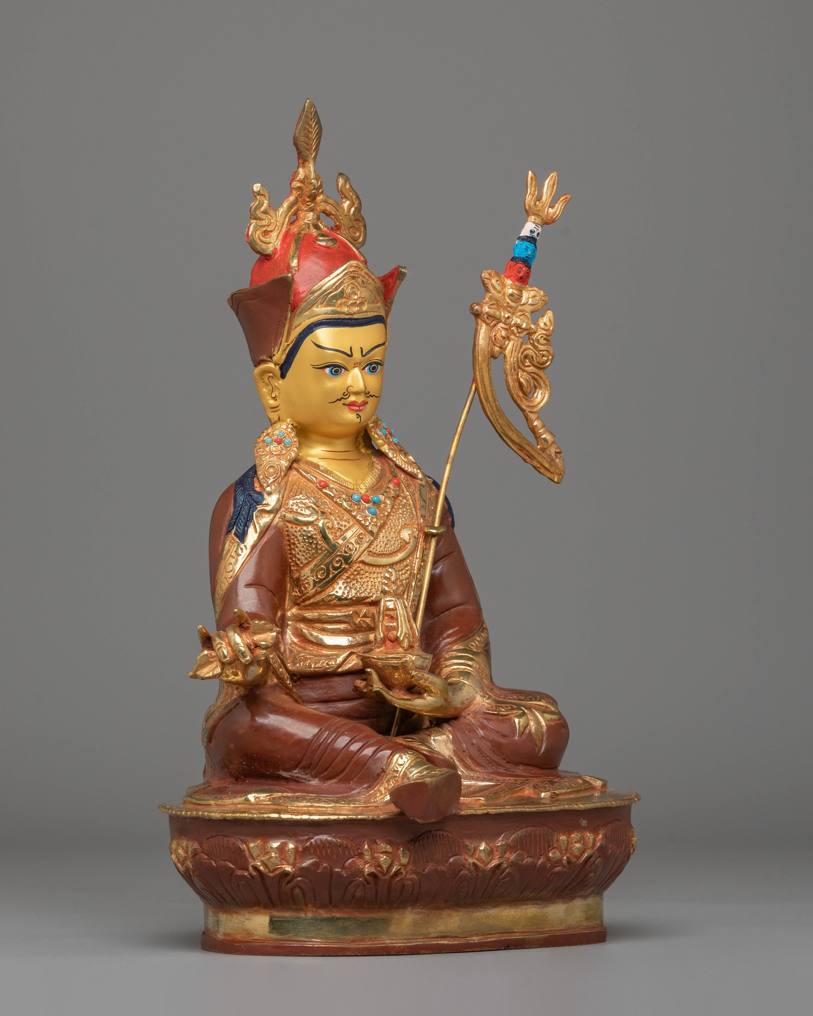 Guru Rinpoche Bodhisattva Sculpture | Fire Gold-Coated with Coral & Turquoise