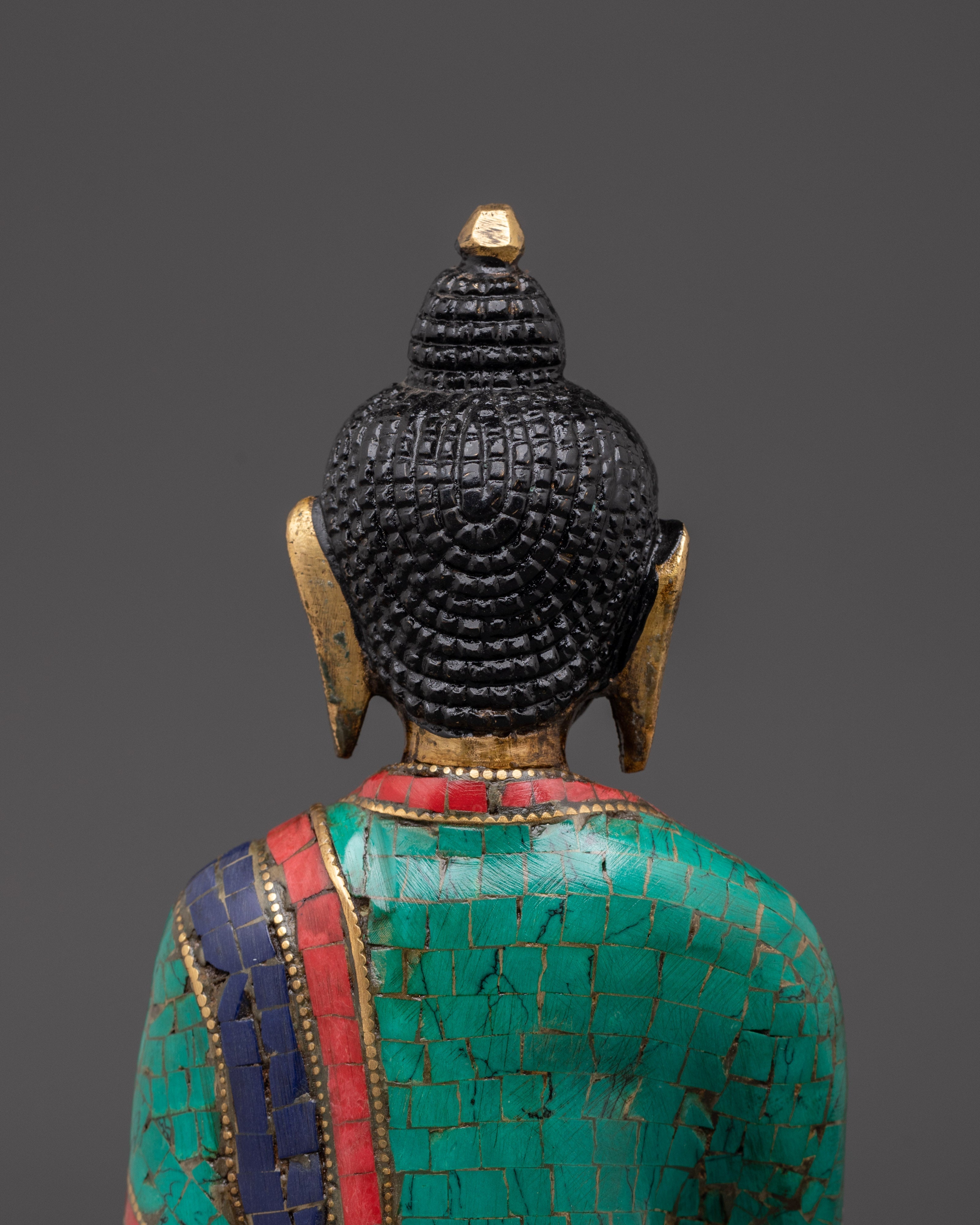 Handmade Amoghasiddhi Buddha Sculpture | Brass, Coral & Turquoise Inlay