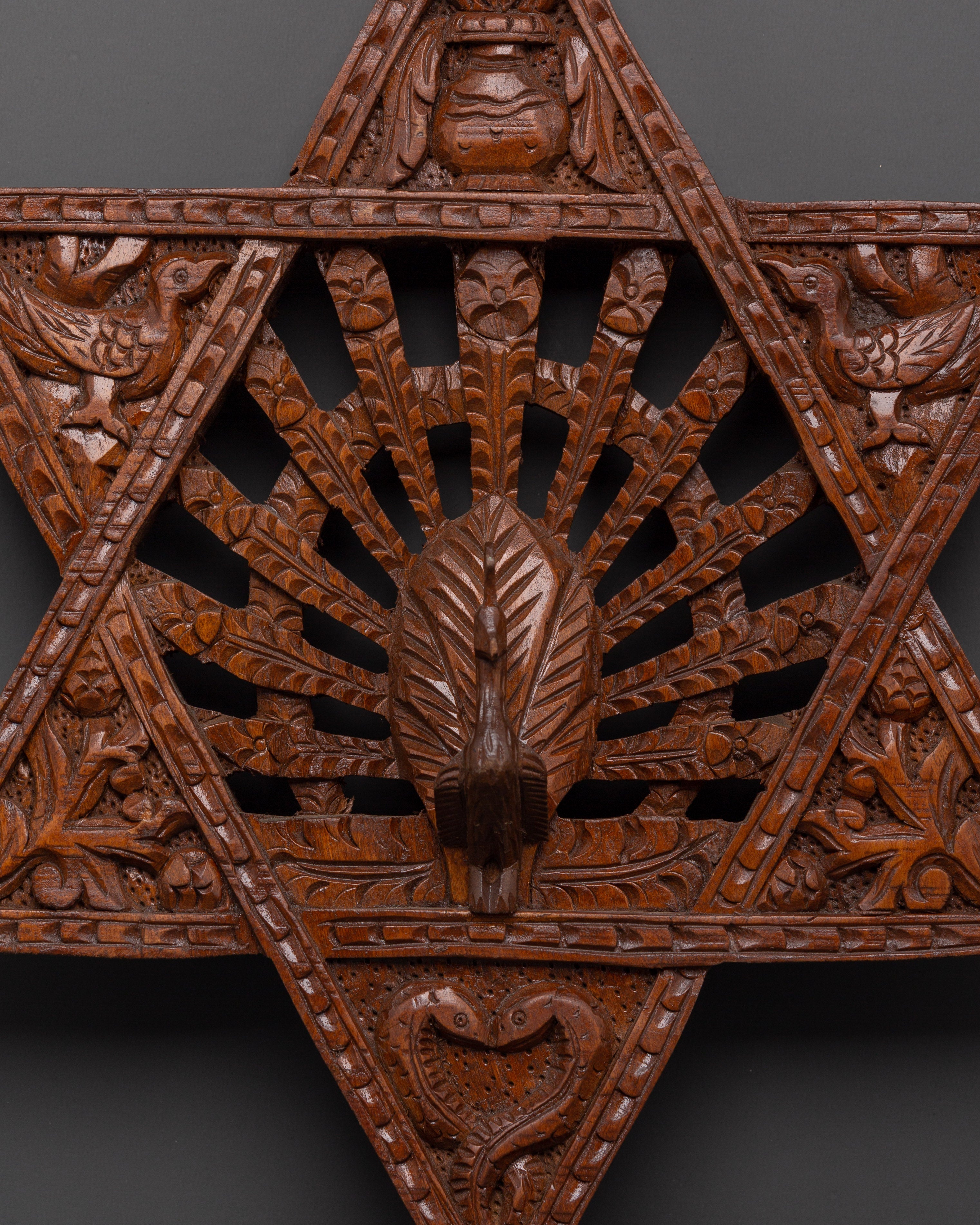 Traditional Star Peacock Wall Art | Hand Carved Wooden Wall Decor
