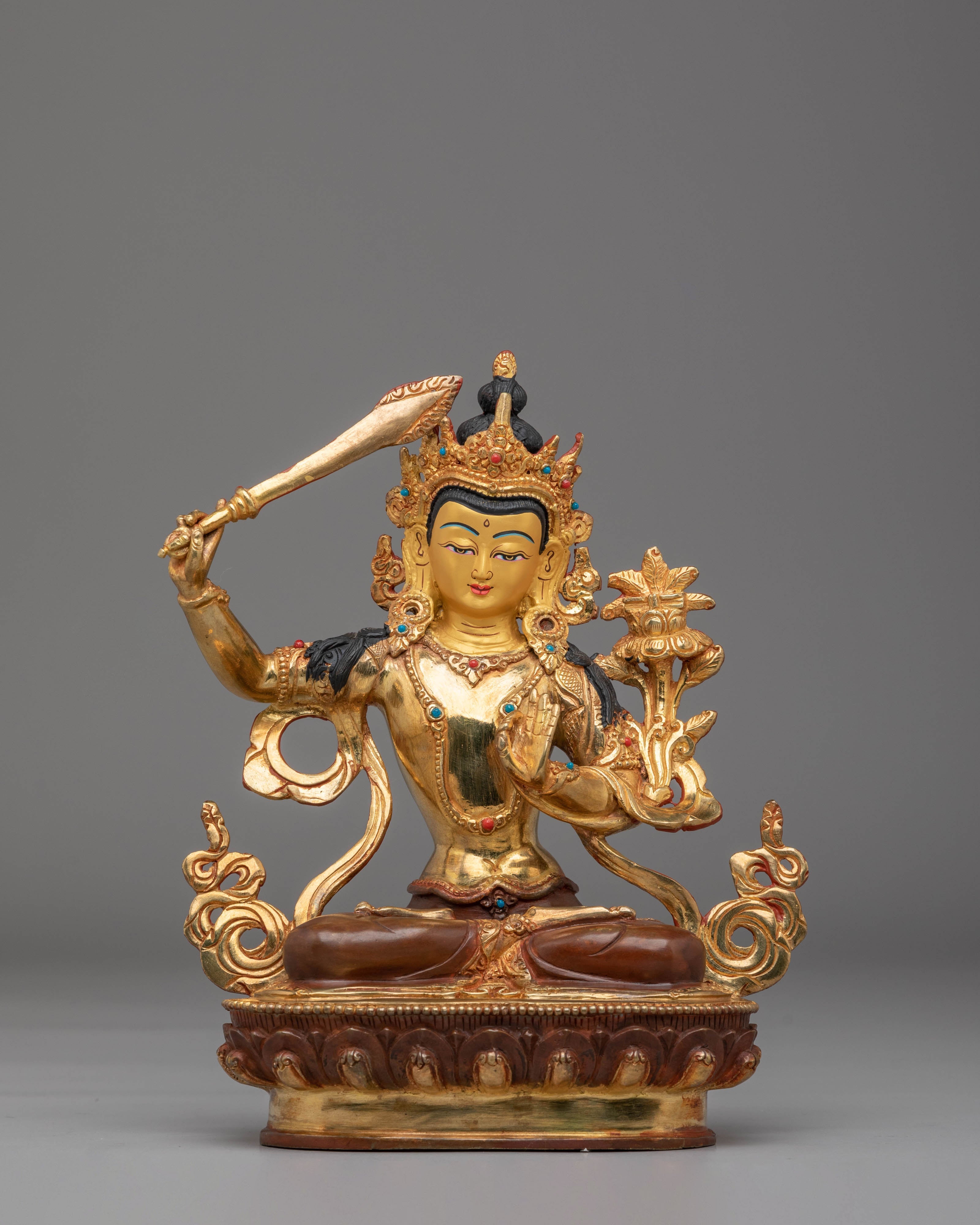 Sacred Wisdom Deity Manjushri Statue | Copper Body with Gold Plating