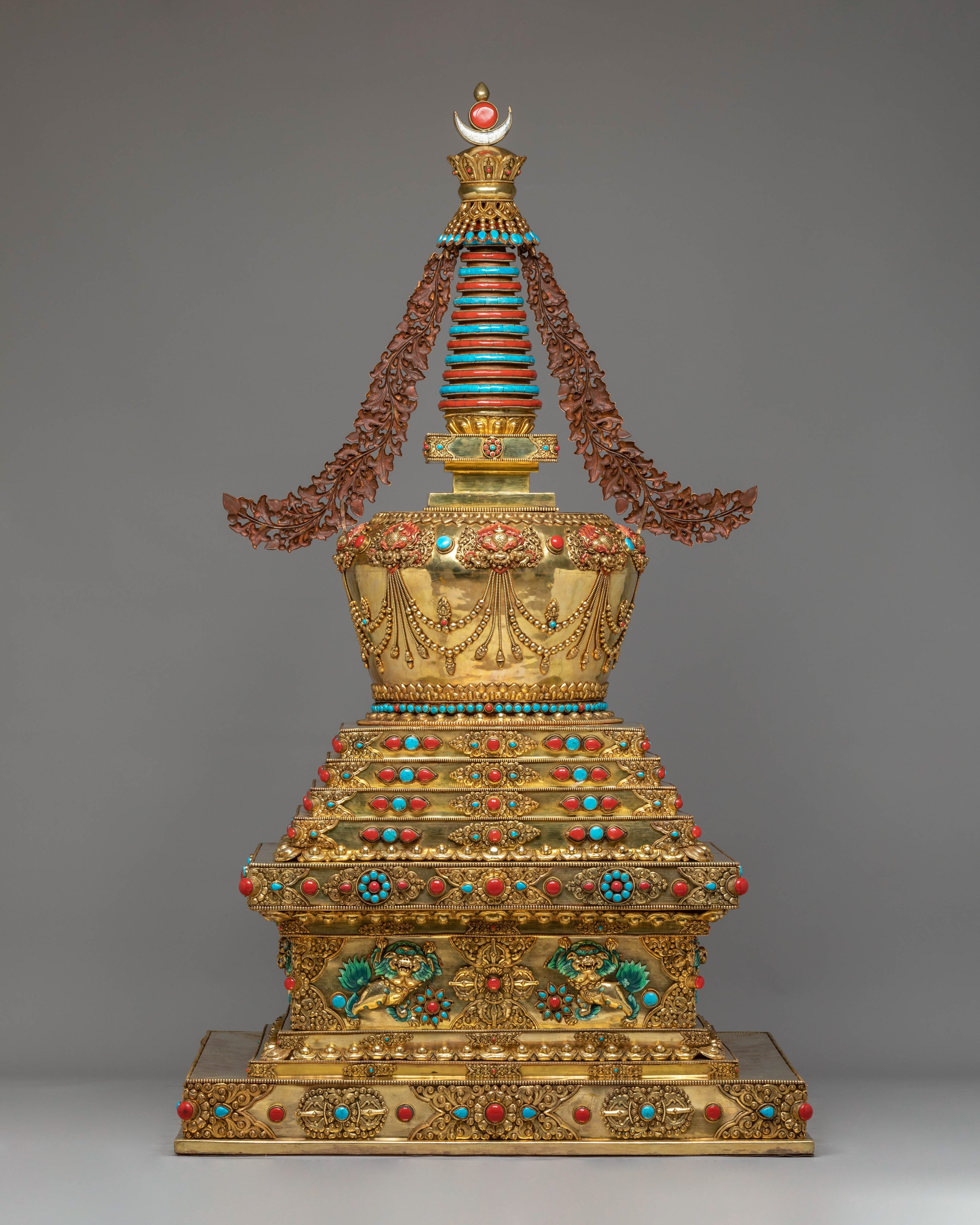 Buddhist Handcrafted Sacred Stupa | Gold-Plated Copper with Coral & Turquoise