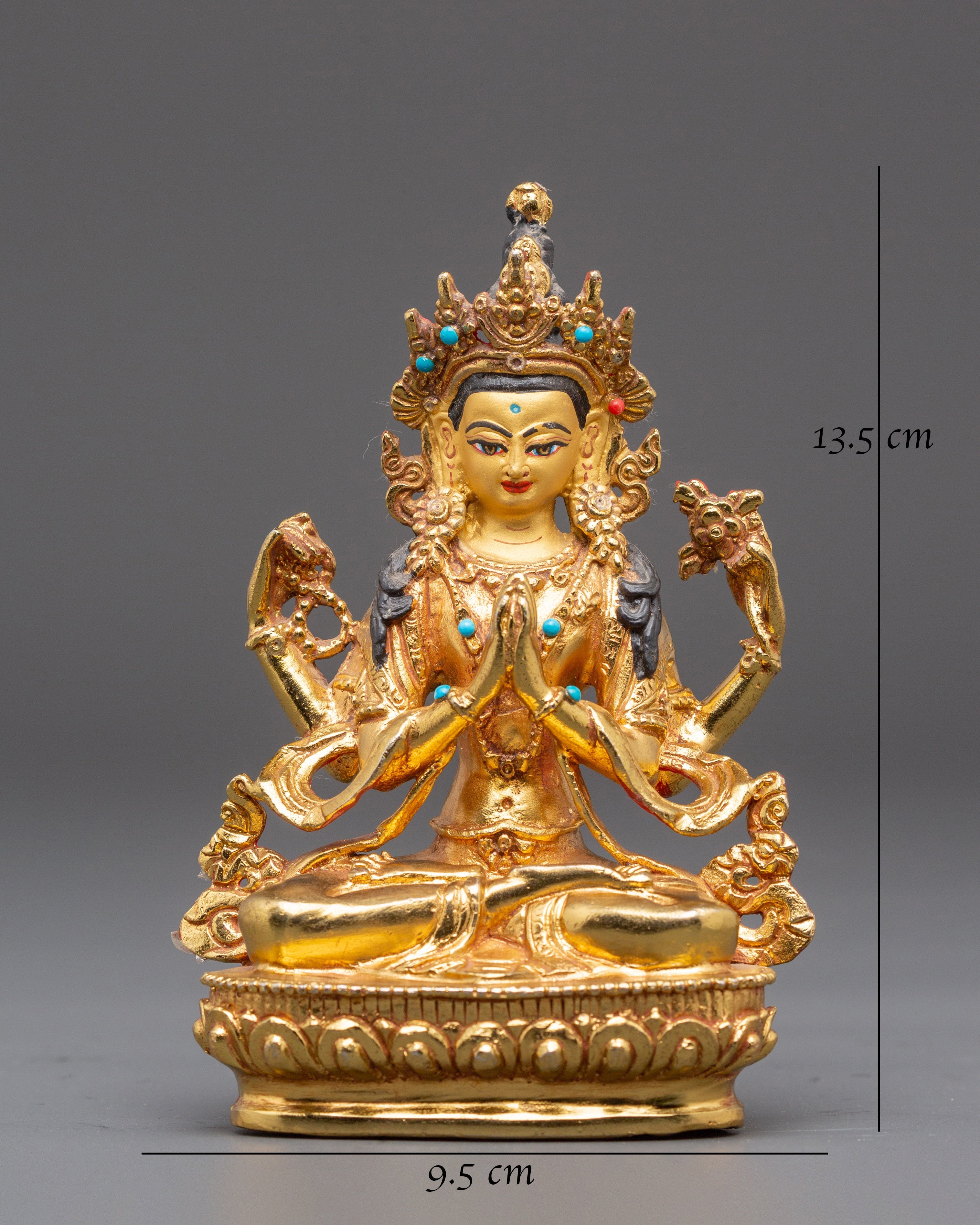 Sacred Bodhisattva Chenrezig Handmade Statue | Gold Plated Tibetan Deity Sculpture