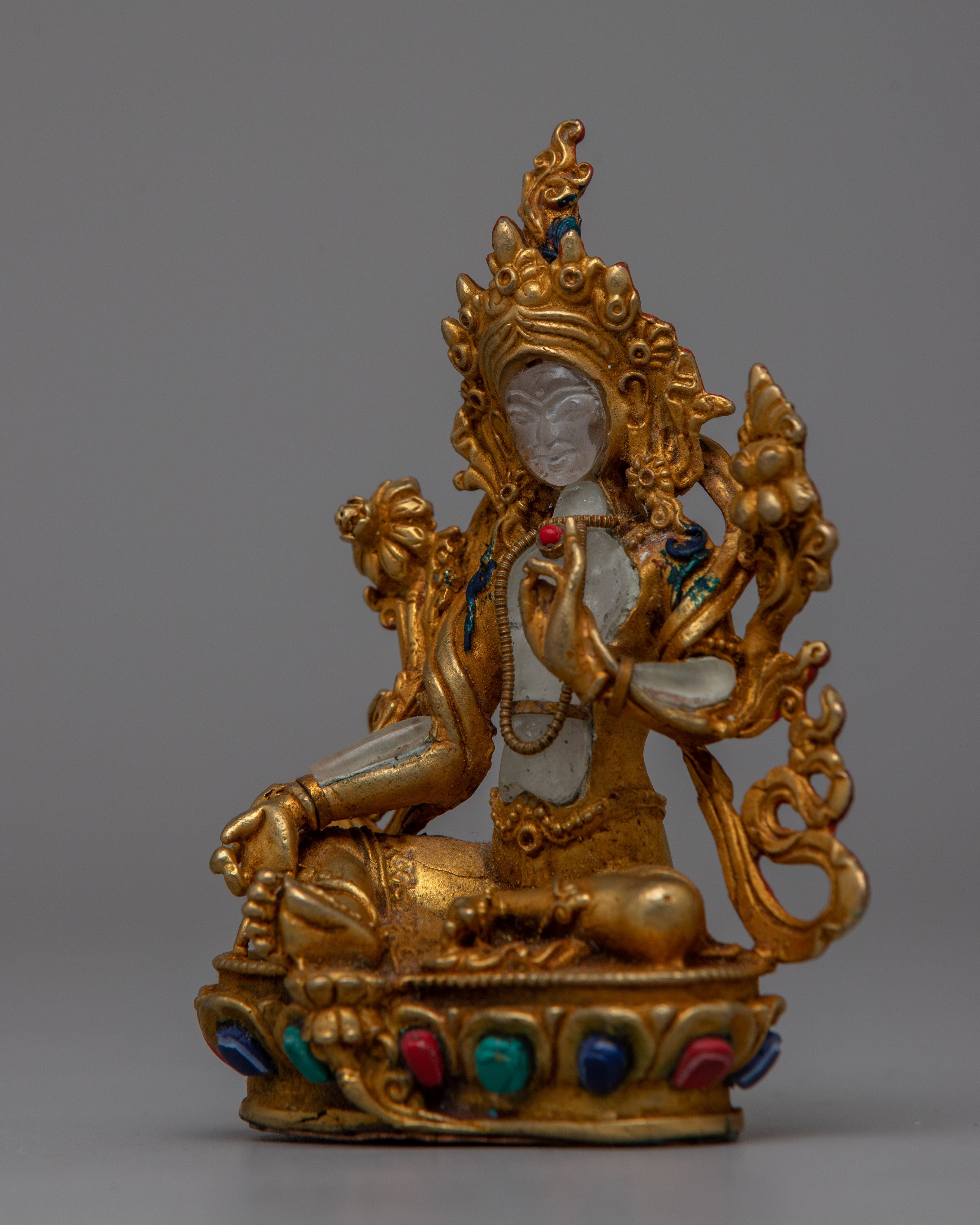 Tibetan Green Tara Statue | Crafted from Crystal Stone and Copper for Radiant Harmony