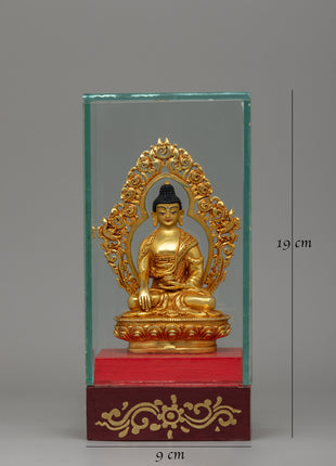 Glass-Enclosed Shakyamuni Buddha Statue | Meditative Lotus Pedestal Figure