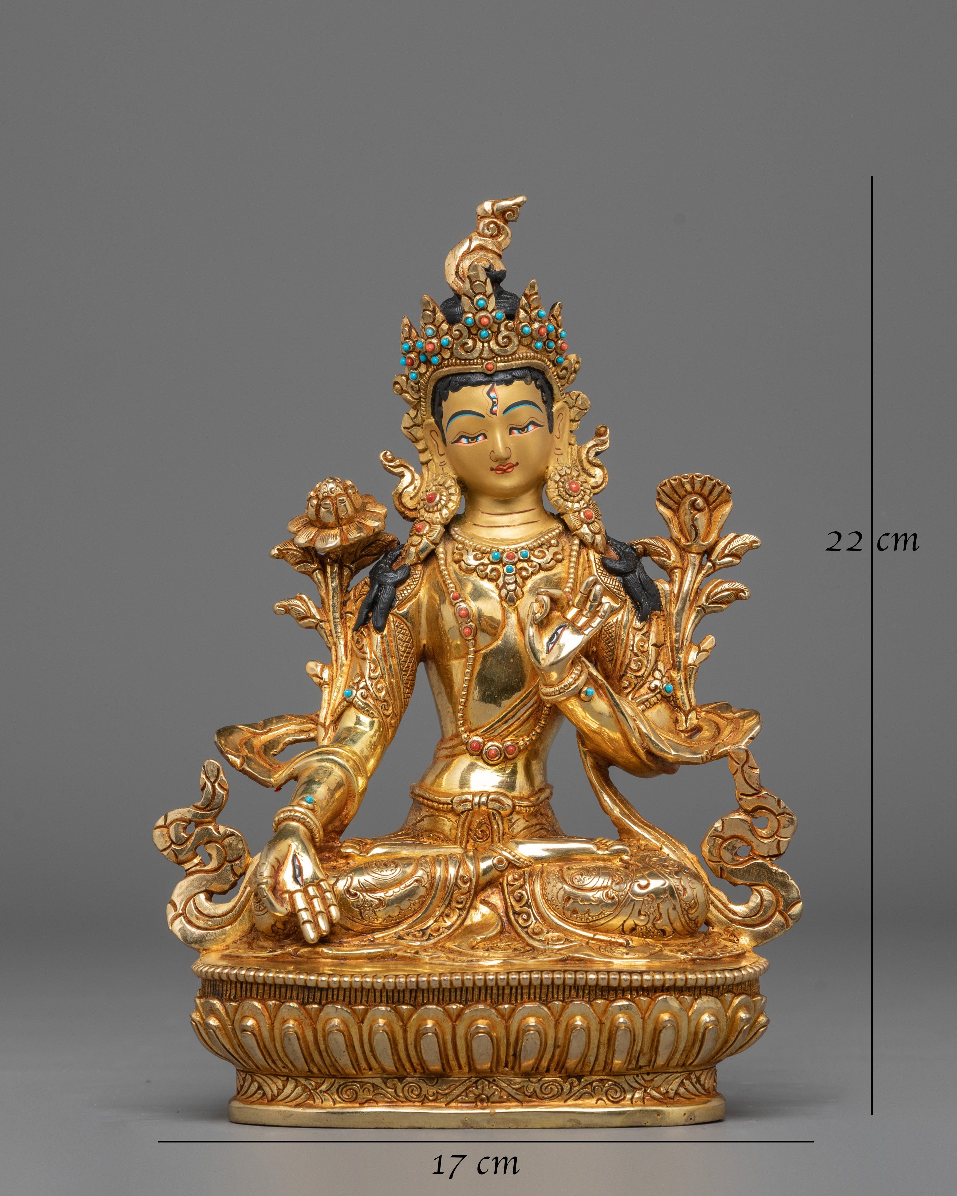 Statue of Sita Tara | Gold Plated Copper Sculpture with Coral and Turquoise