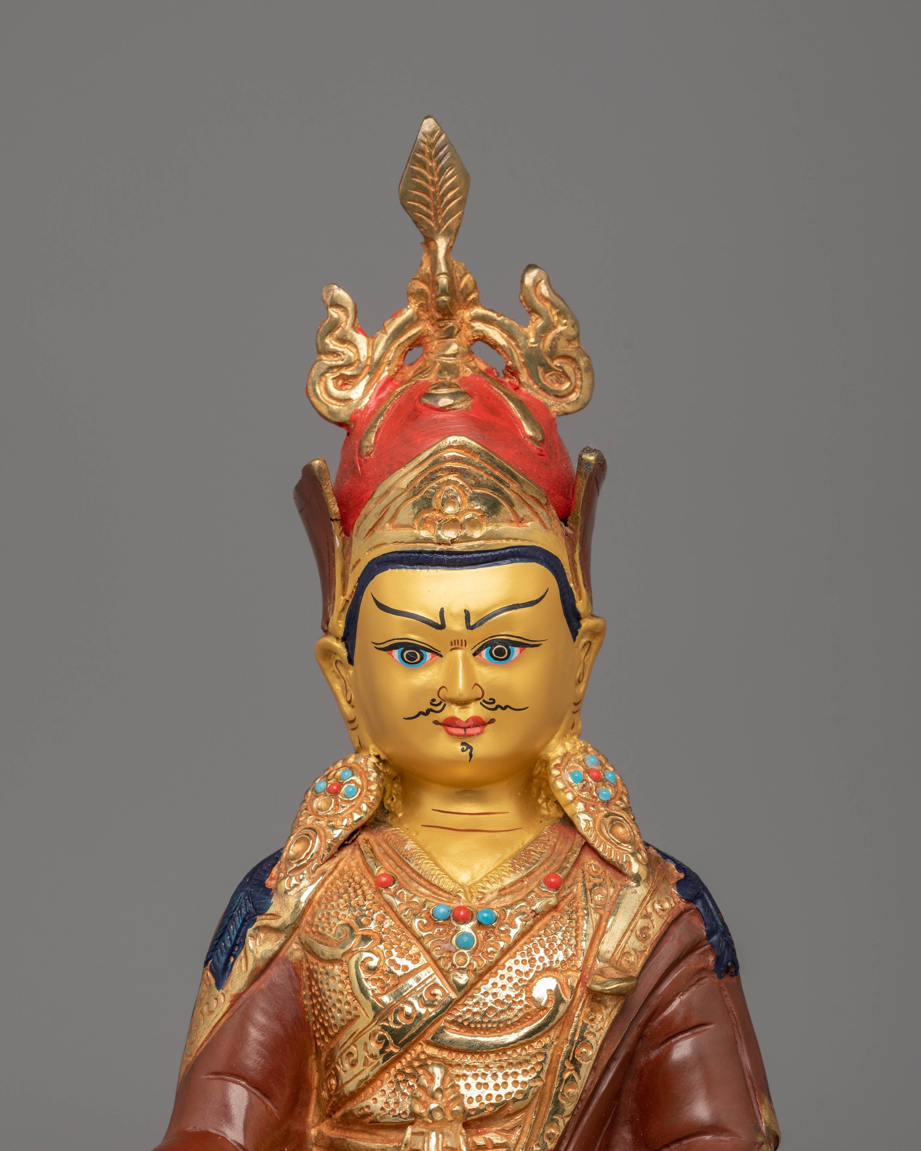 Guru Rinpoche Bodhisattva Sculpture | Fire Gold-Coated with Coral & Turquoise