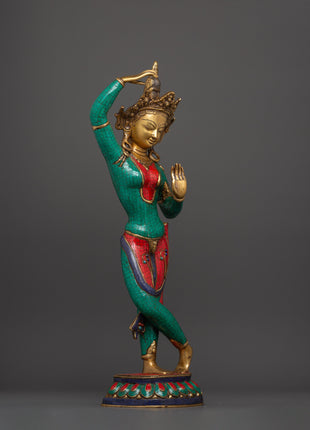 Maya Devi Brass Statue | Brass Sculpture with Turquoise & Coral Inlay