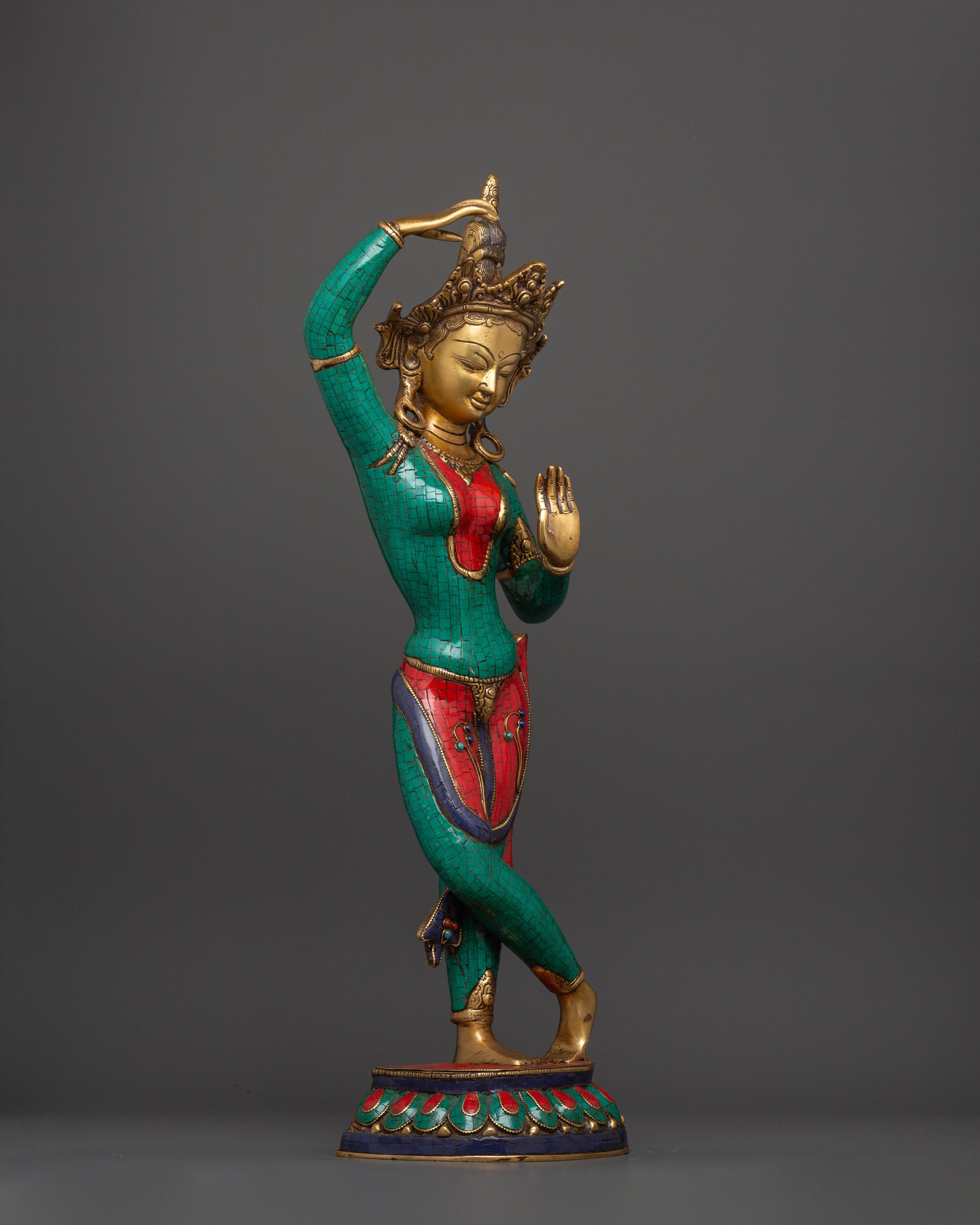 Maya Devi Brass Statue | Brass Sculpture with Turquoise & Coral Inlay