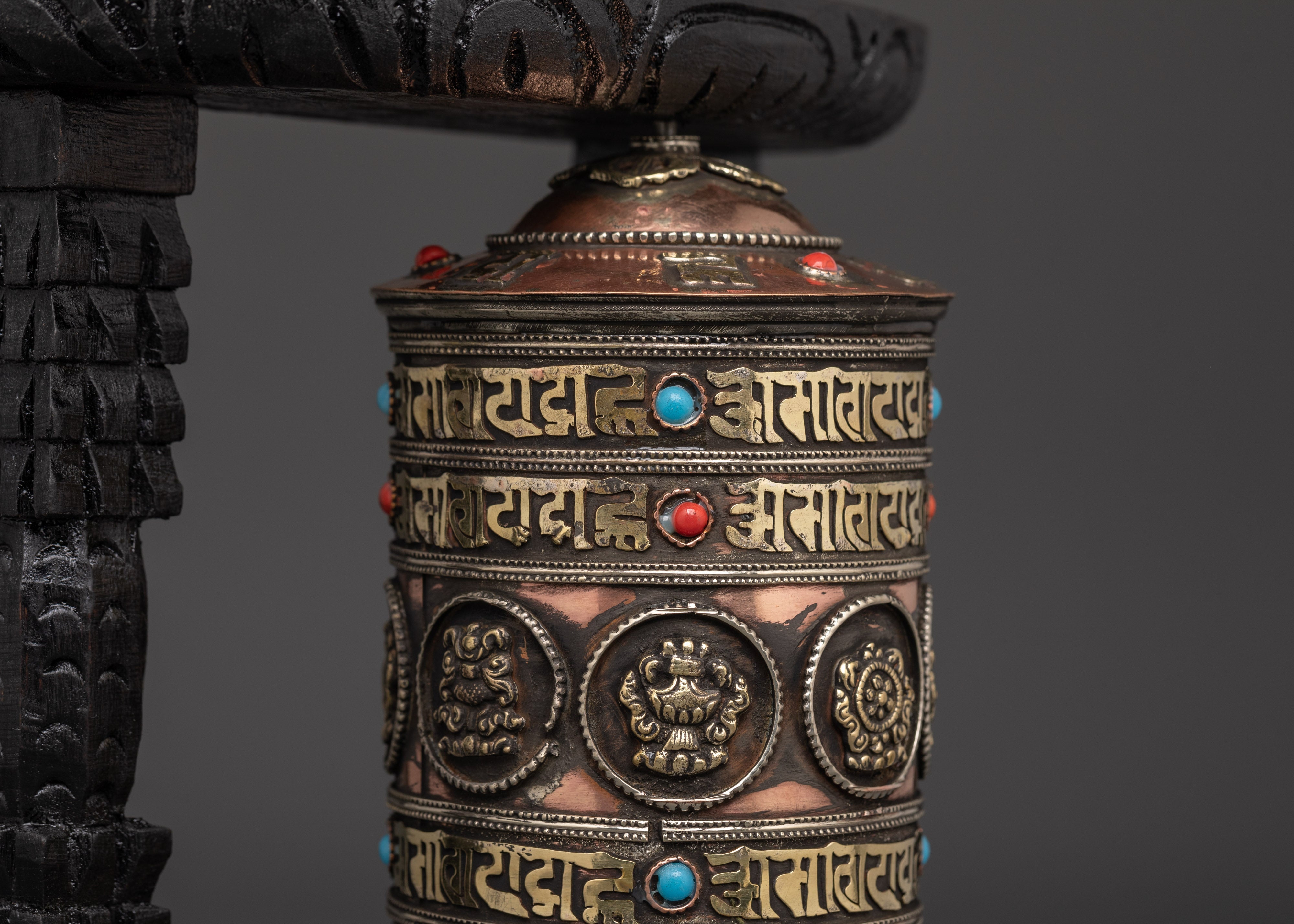 Prayer Wheel Featuring Buddhist Auspicious Symbols | Handcarved Wooden Frame
